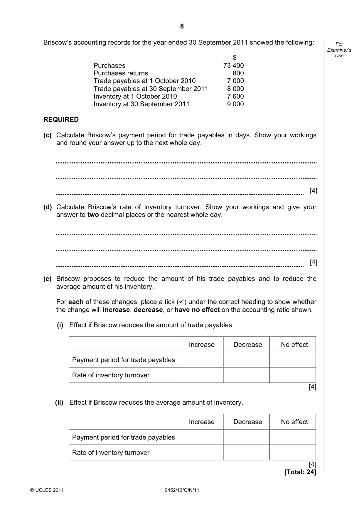 Cambridge IGCSE Accounting 0452 2011 Oct/Nov Paper 1 · Variant 3 question paper, page 8 of 16
