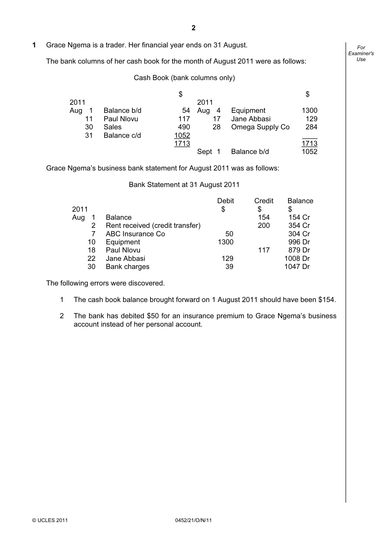 Cambridge IGCSE Accounting 0452 2011 Oct/Nov Paper 2 · Variant 1 question paper, page 2 of 20