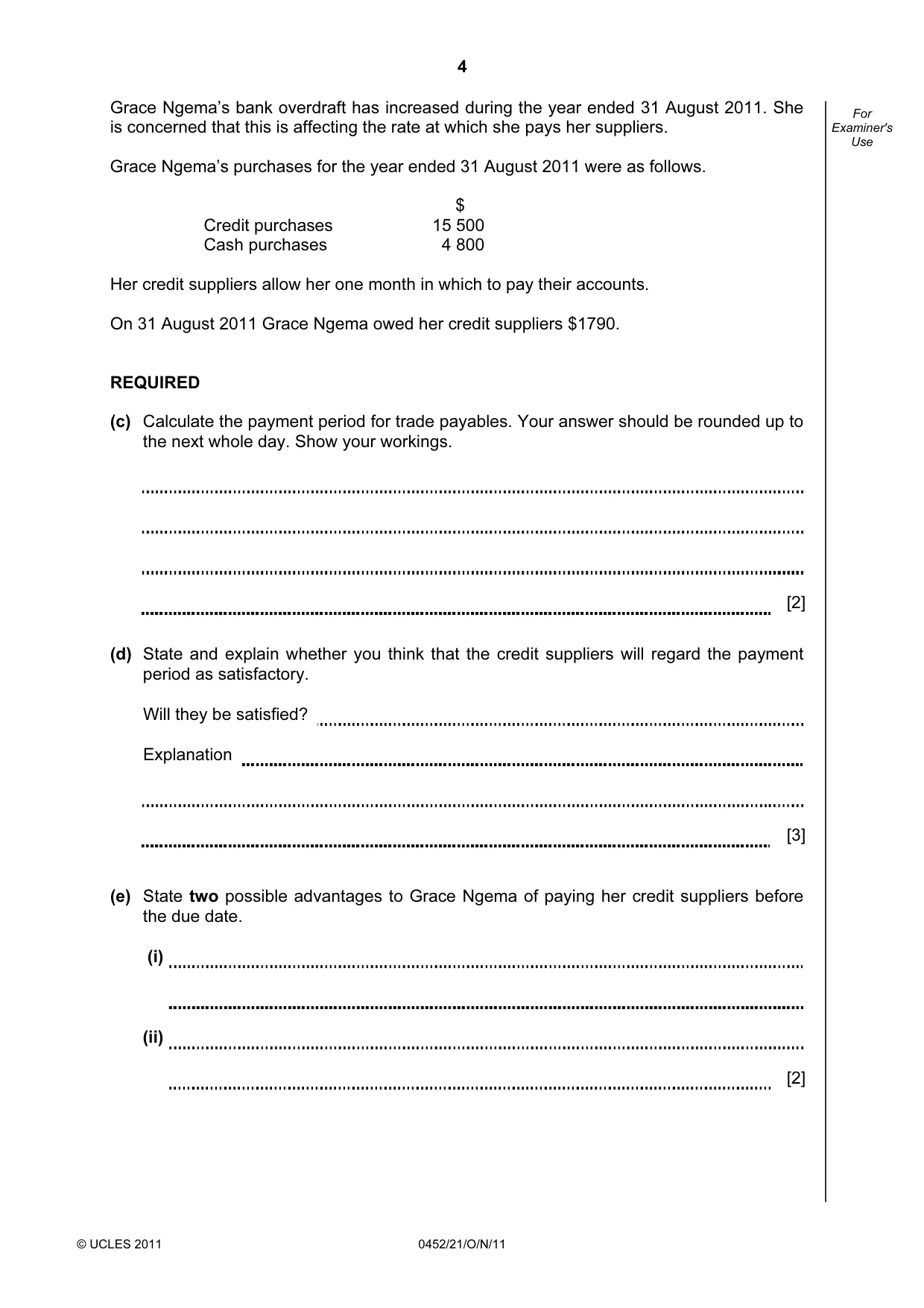 Cambridge IGCSE Accounting 0452 2011 Oct/Nov Paper 2 · Variant 1 question paper, page 4 of 20