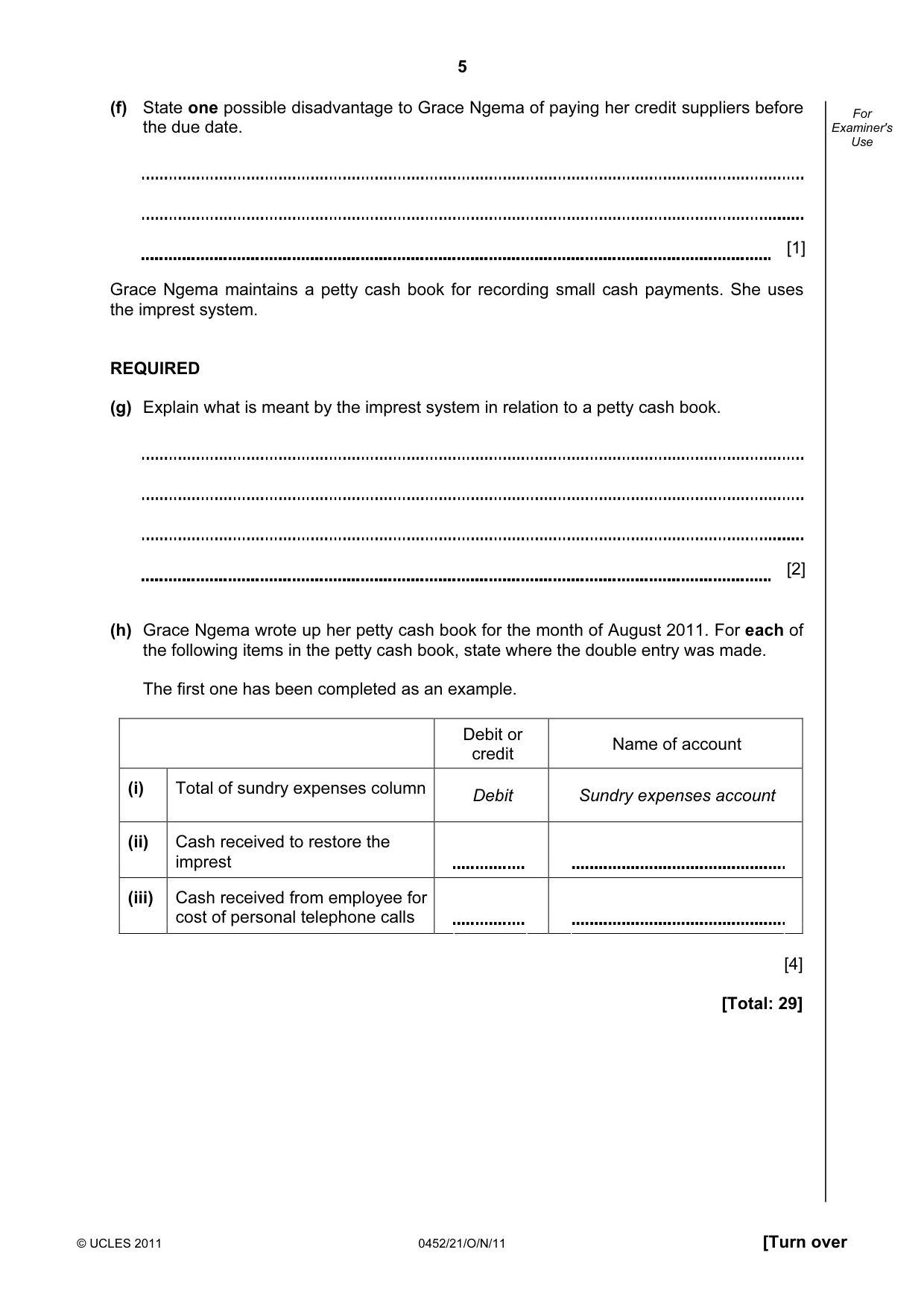 Cambridge IGCSE Accounting 0452 2011 Oct/Nov Paper 2 · Variant 1 question paper, page 5 of 20