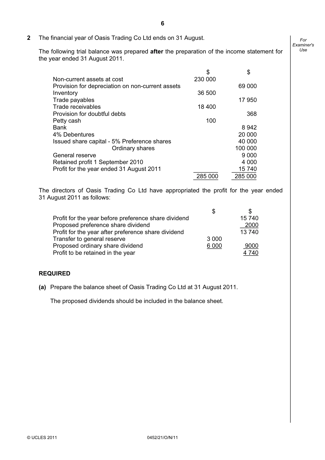 Cambridge IGCSE Accounting 0452 2011 Oct/Nov Paper 2 · Variant 1 question paper, page 6 of 20