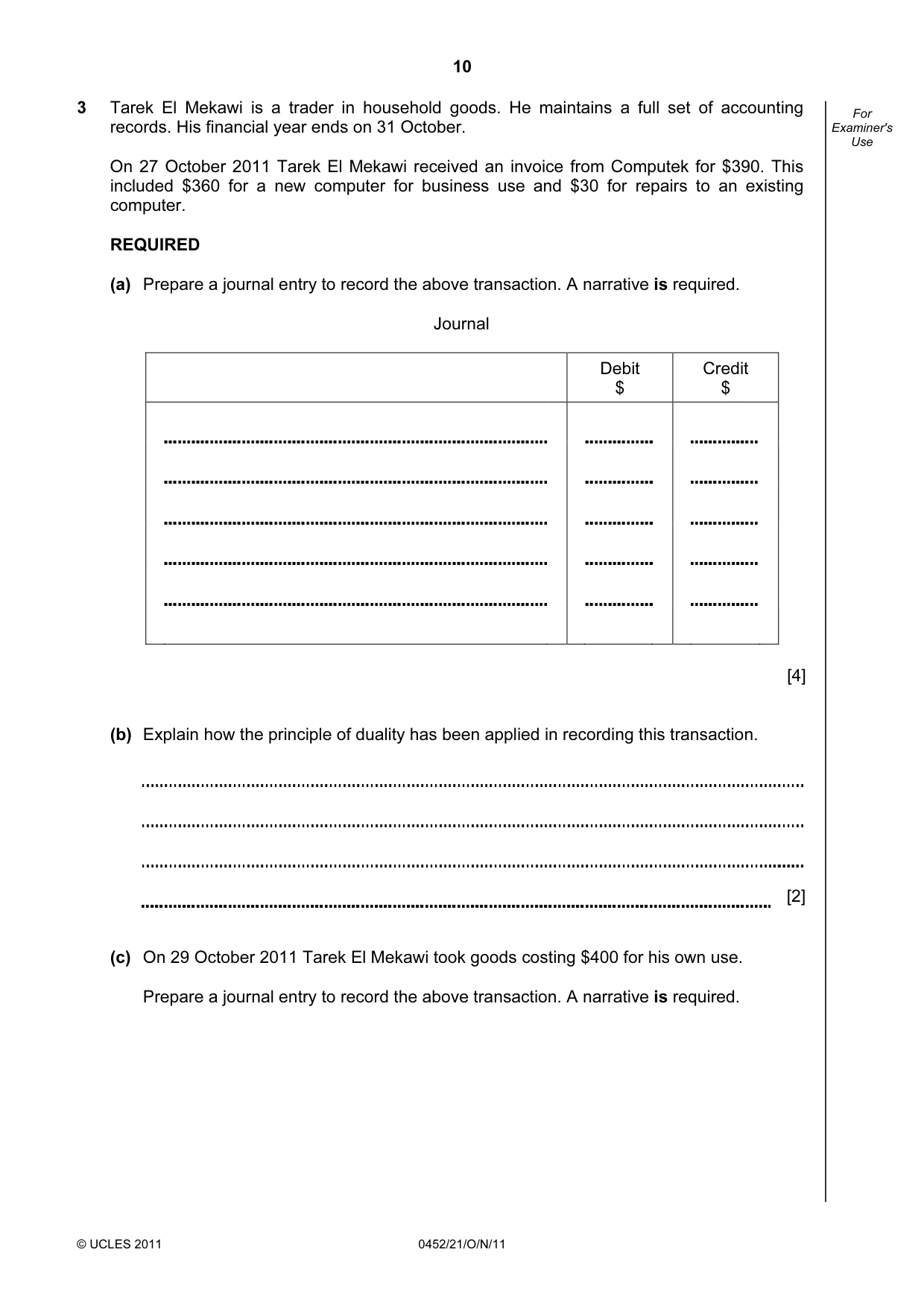 Cambridge IGCSE Accounting 0452 2011 Oct/Nov Paper 2 · Variant 1 question paper, page 10 of 20