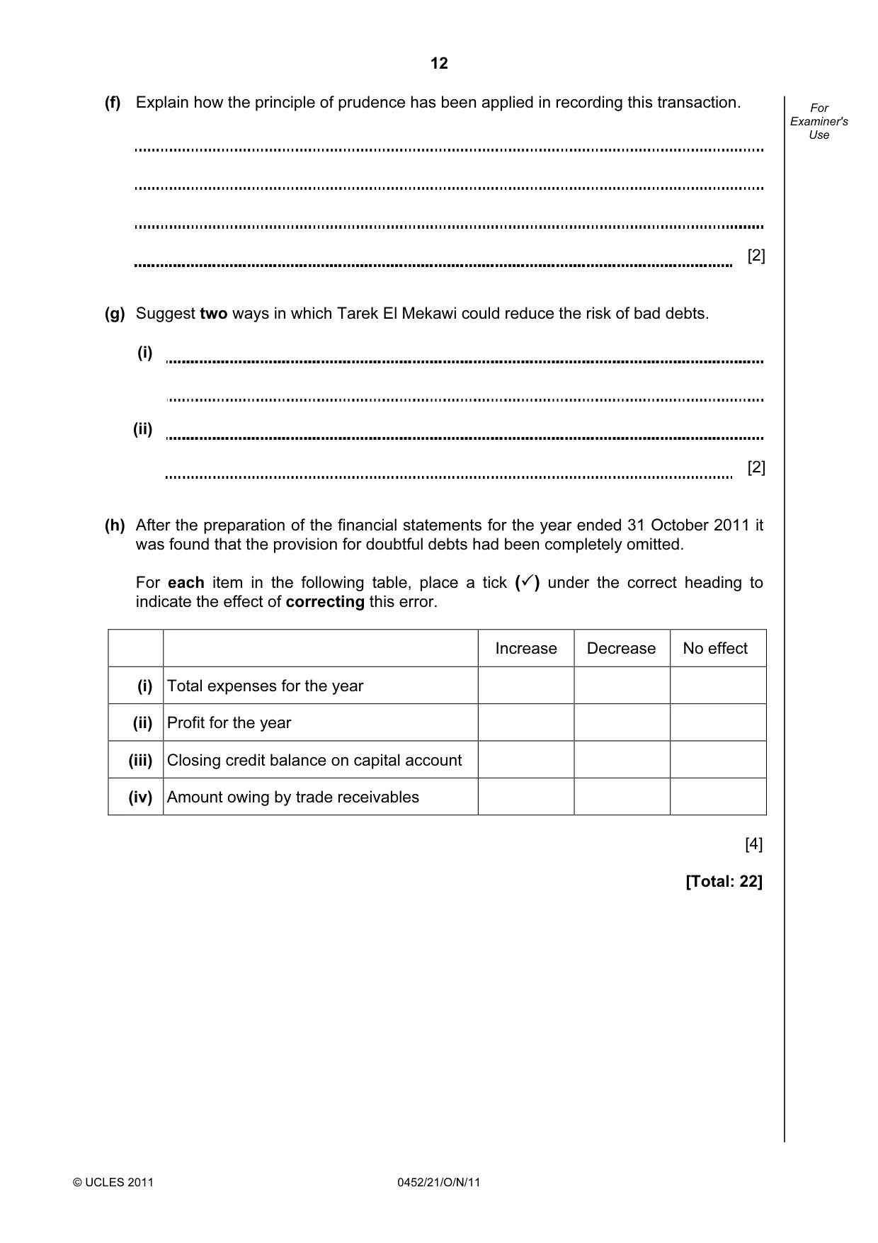 Cambridge IGCSE Accounting 0452 2011 Oct/Nov Paper 2 · Variant 1 question paper, page 12 of 20