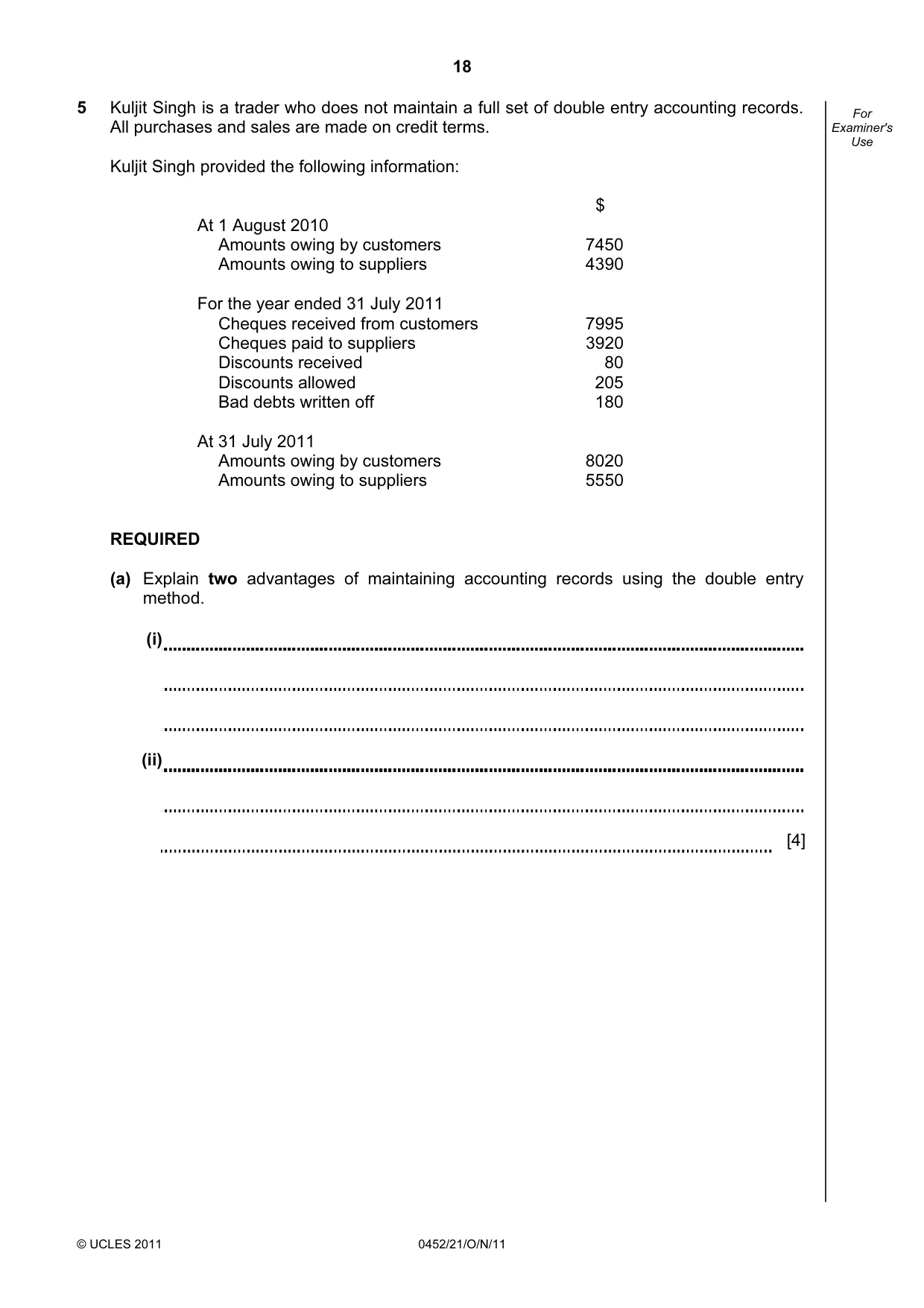 Cambridge IGCSE Accounting 0452 2011 Oct/Nov Paper 2 · Variant 1 question paper, page 18 of 20