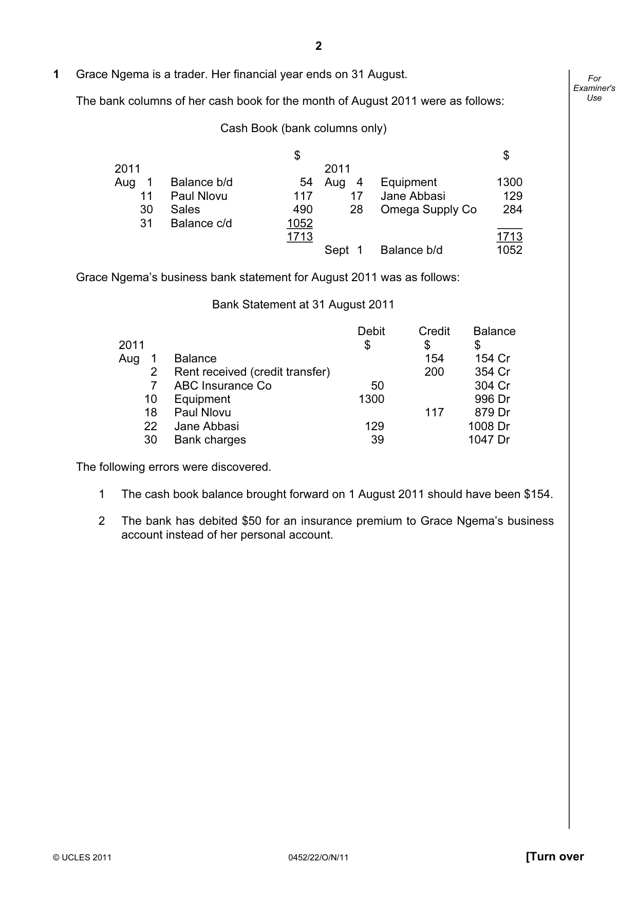 Cambridge IGCSE Accounting 0452 2011 Oct/Nov Paper 2 · Variant 2 question paper, page 2 of 20