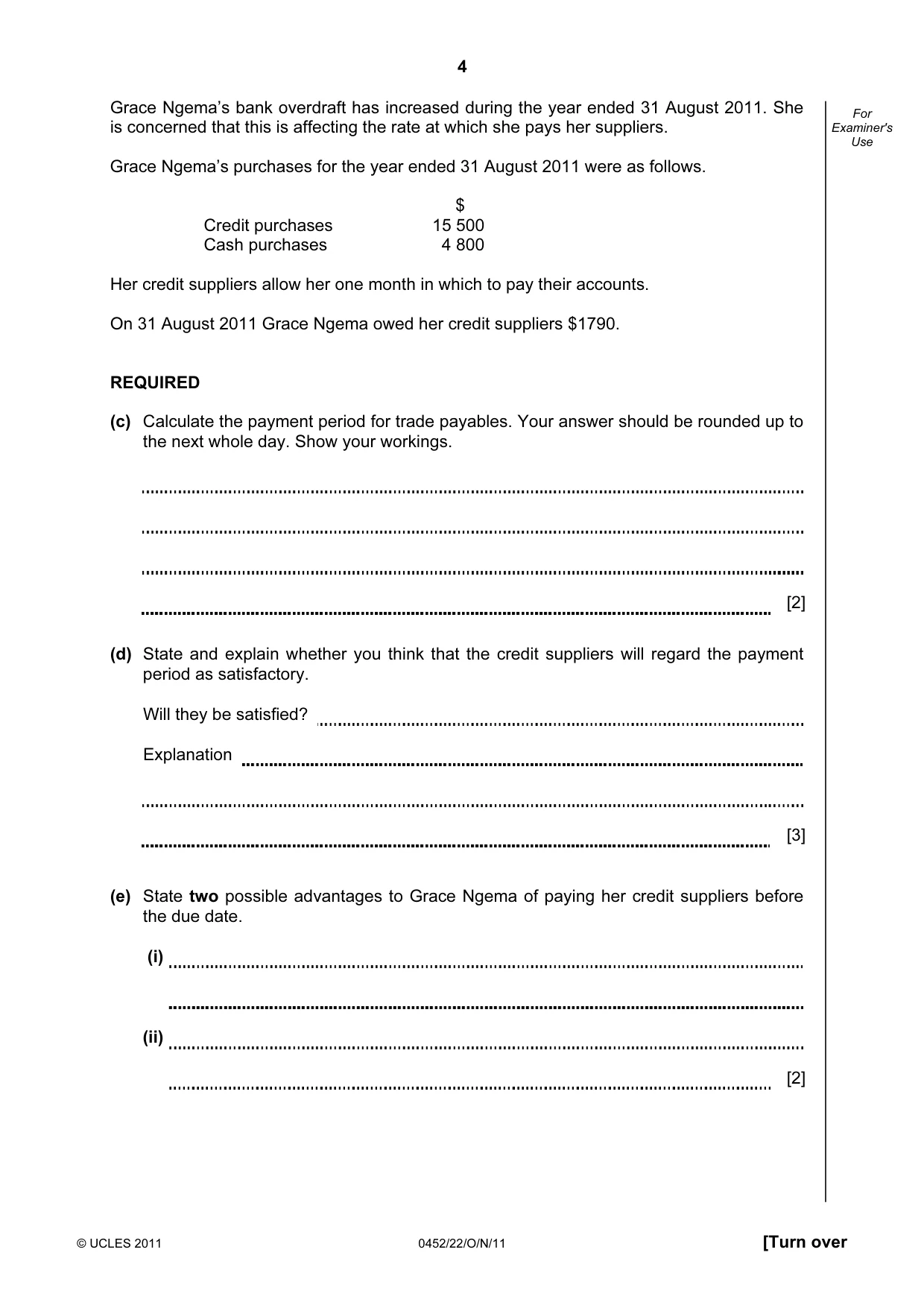 Cambridge IGCSE Accounting 0452 2011 Oct/Nov Paper 2 · Variant 2 question paper, page 4 of 20