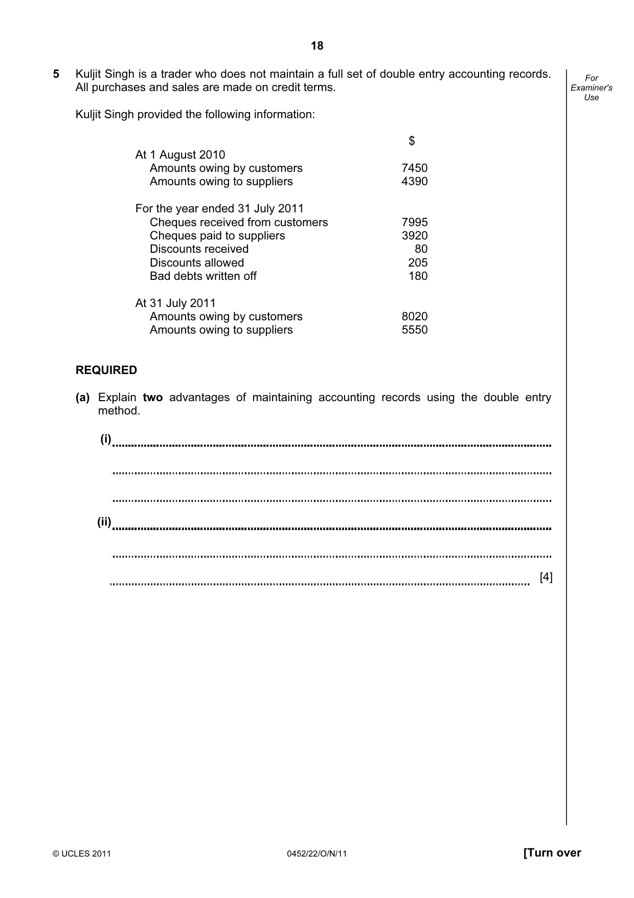 Cambridge IGCSE Accounting 0452 2011 Oct/Nov Paper 2 · Variant 2 question paper, page 18 of 20