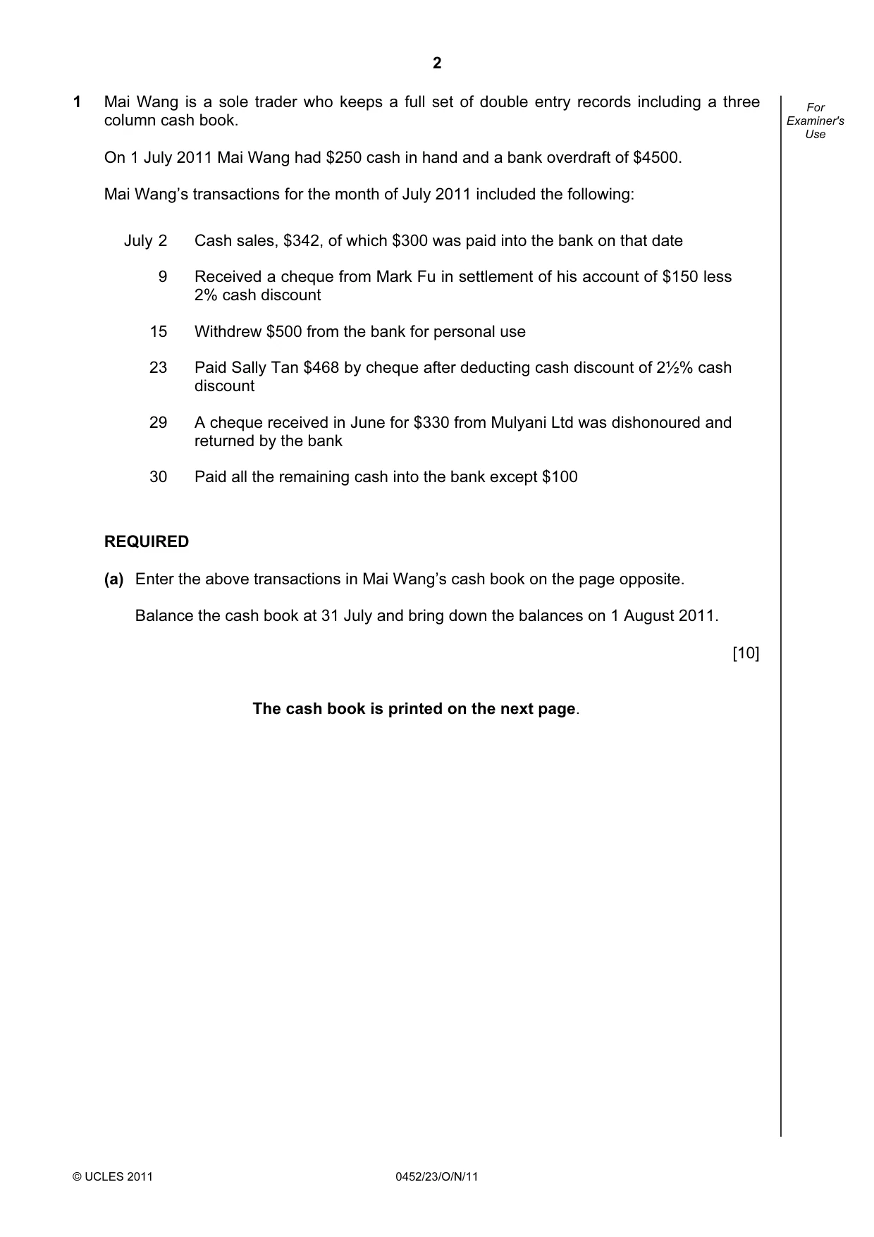 Cambridge IGCSE Accounting 0452 2011 Oct/Nov Paper 2 · Variant 3 question paper, page 2 of 20