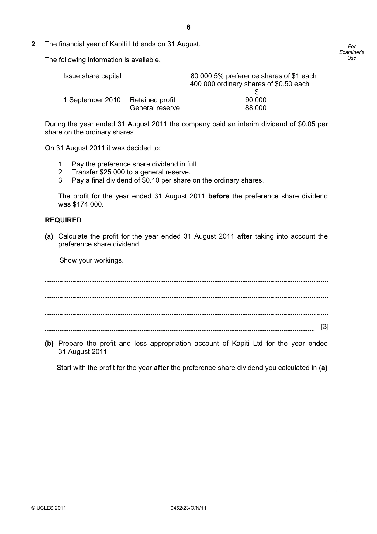 Cambridge IGCSE Accounting 0452 2011 Oct/Nov Paper 2 · Variant 3 question paper, page 6 of 20