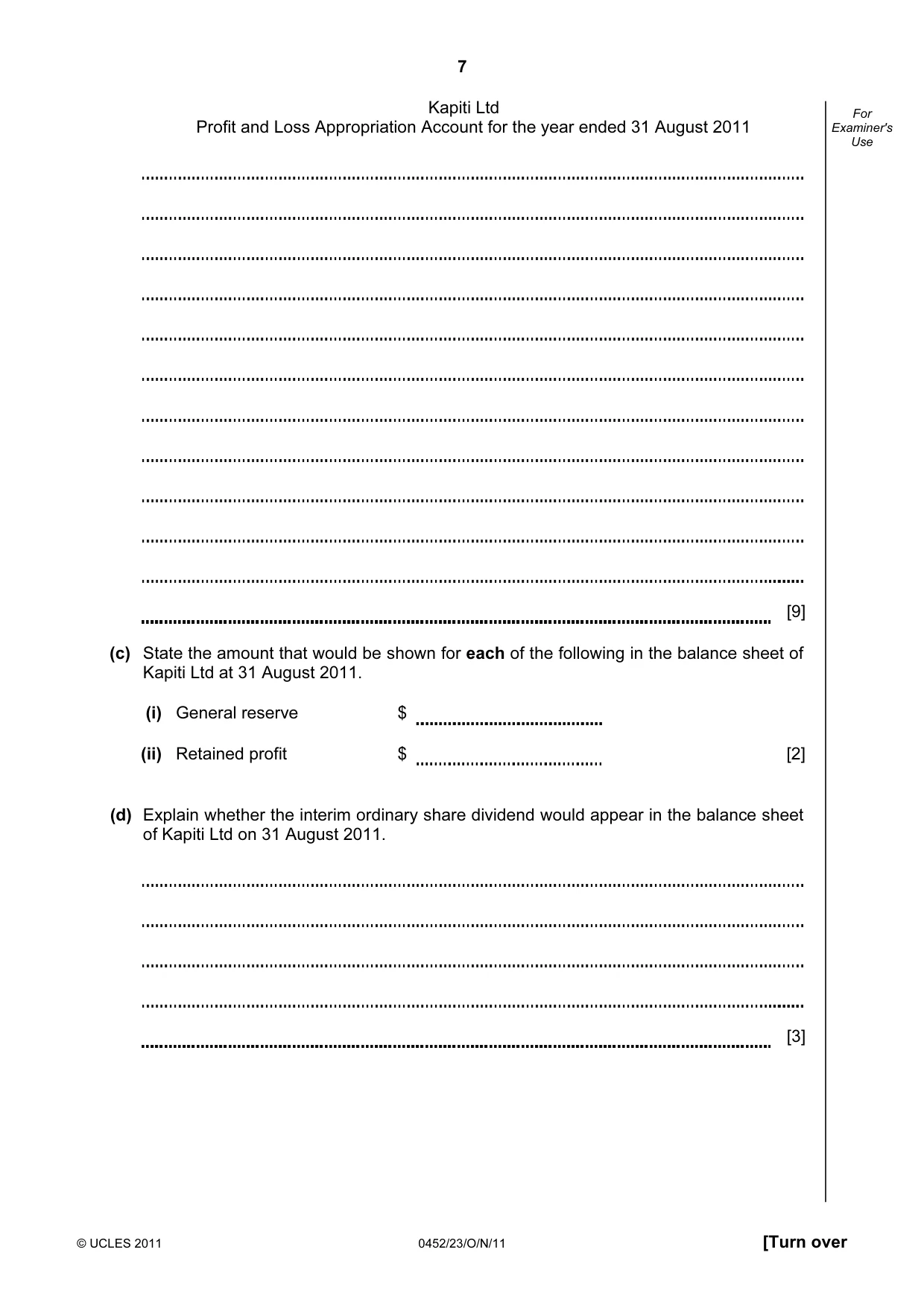 Cambridge IGCSE Accounting 0452 2011 Oct/Nov Paper 2 · Variant 3 question paper, page 7 of 20