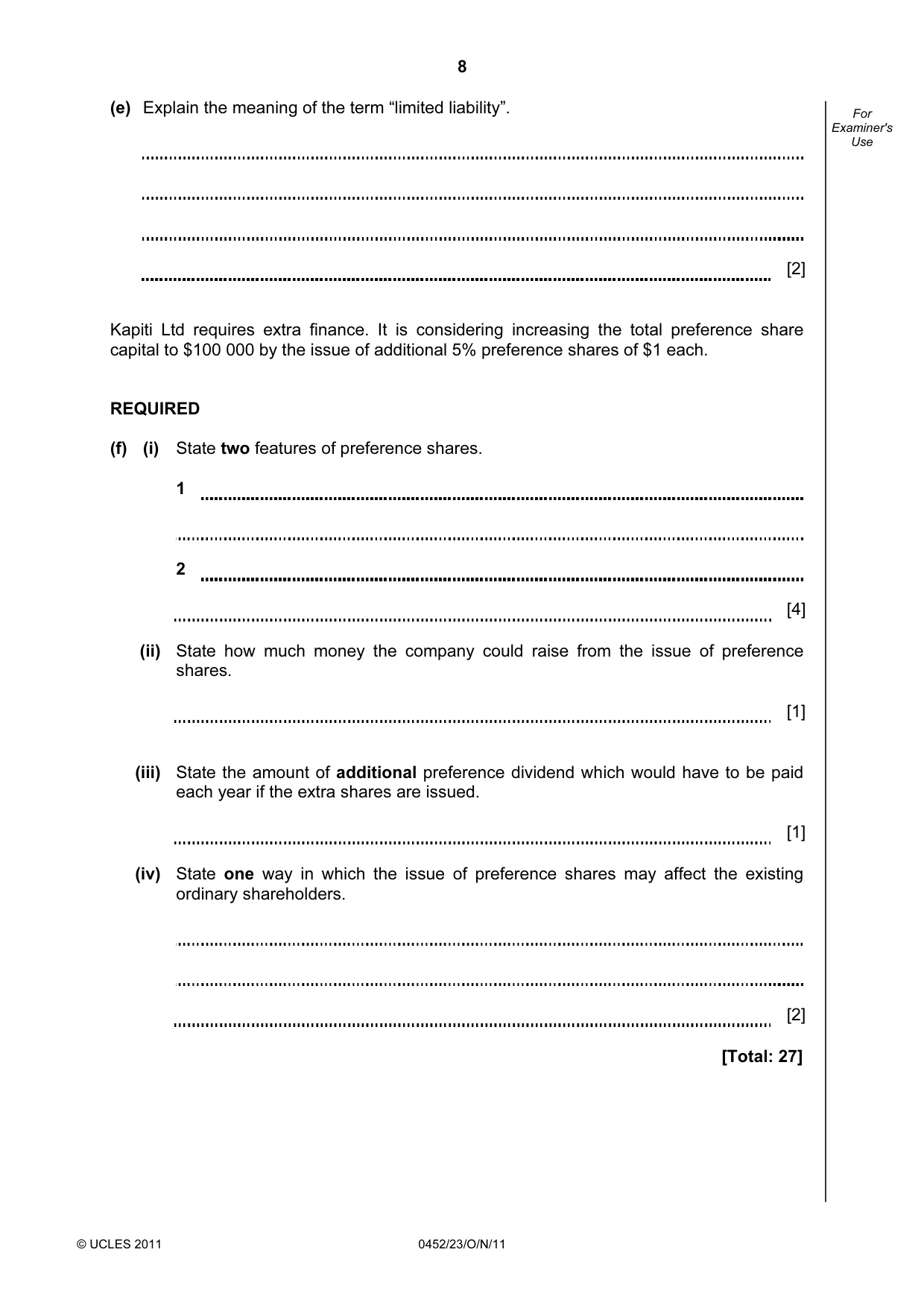 Cambridge IGCSE Accounting 0452 2011 Oct/Nov Paper 2 · Variant 3 question paper, page 8 of 20