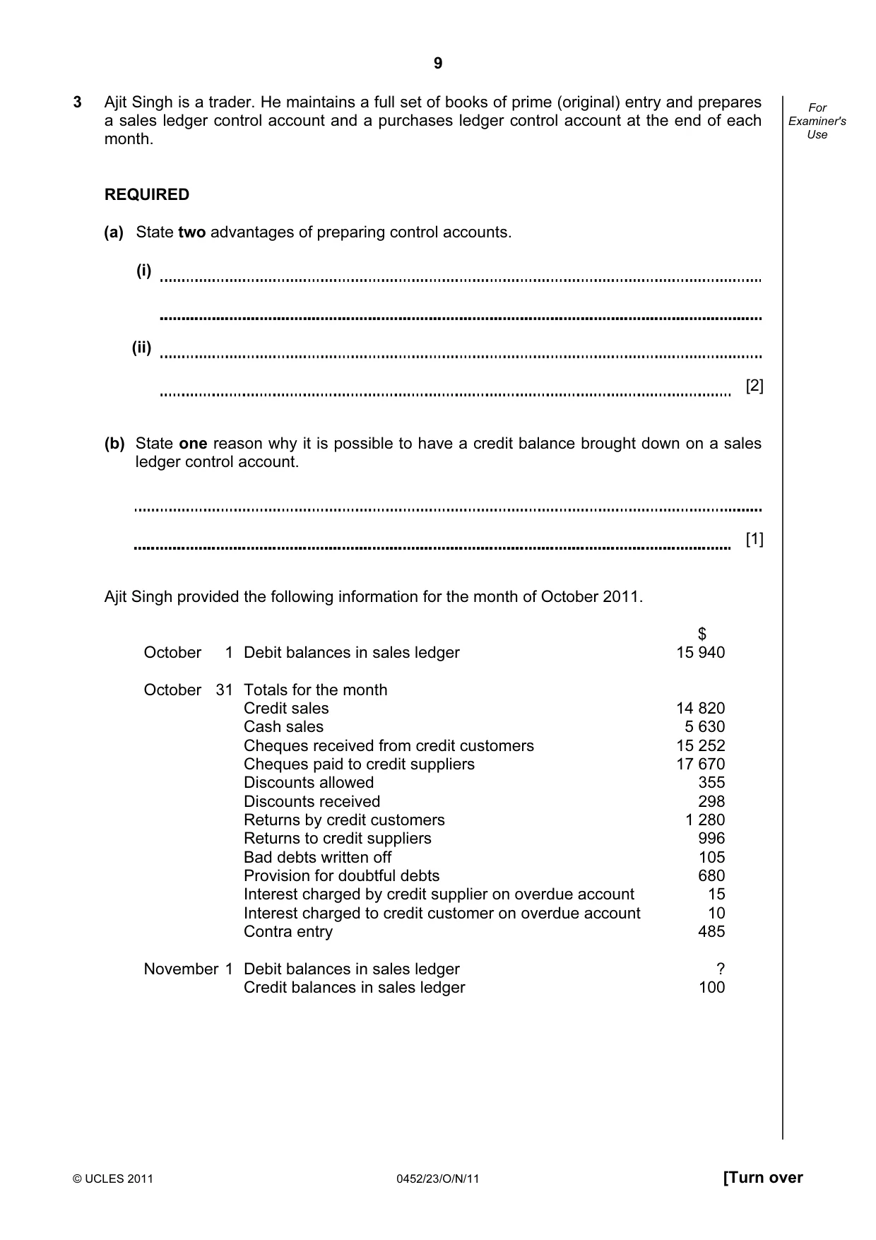 Cambridge IGCSE Accounting 0452 2011 Oct/Nov Paper 2 · Variant 3 question paper, page 9 of 20