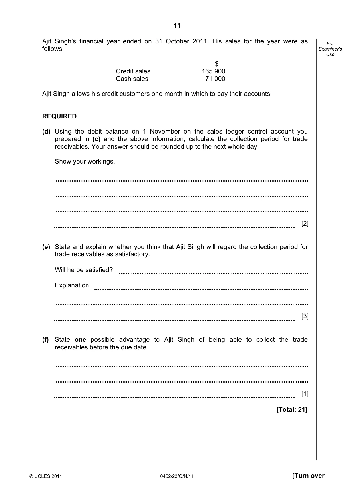 Cambridge IGCSE Accounting 0452 2011 Oct/Nov Paper 2 · Variant 3 question paper, page 11 of 20