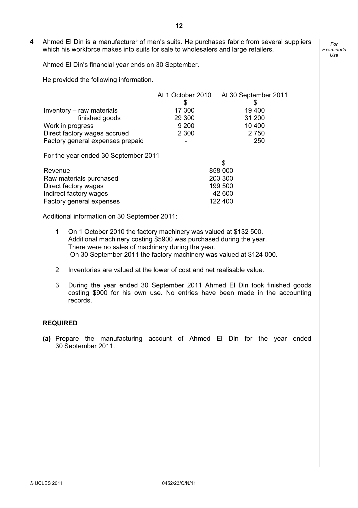 Cambridge IGCSE Accounting 0452 2011 Oct/Nov Paper 2 · Variant 3 question paper, page 12 of 20