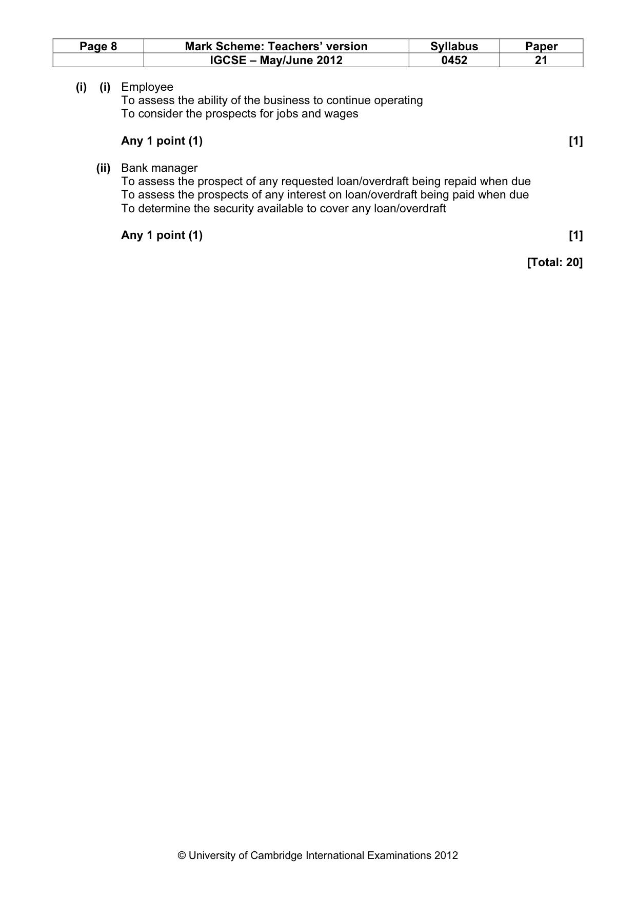 Mark scheme, page 8 of 8