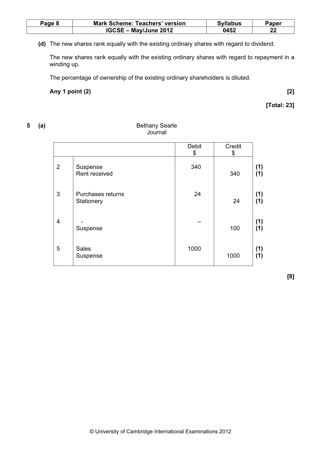 Mark scheme, page 8 of 9