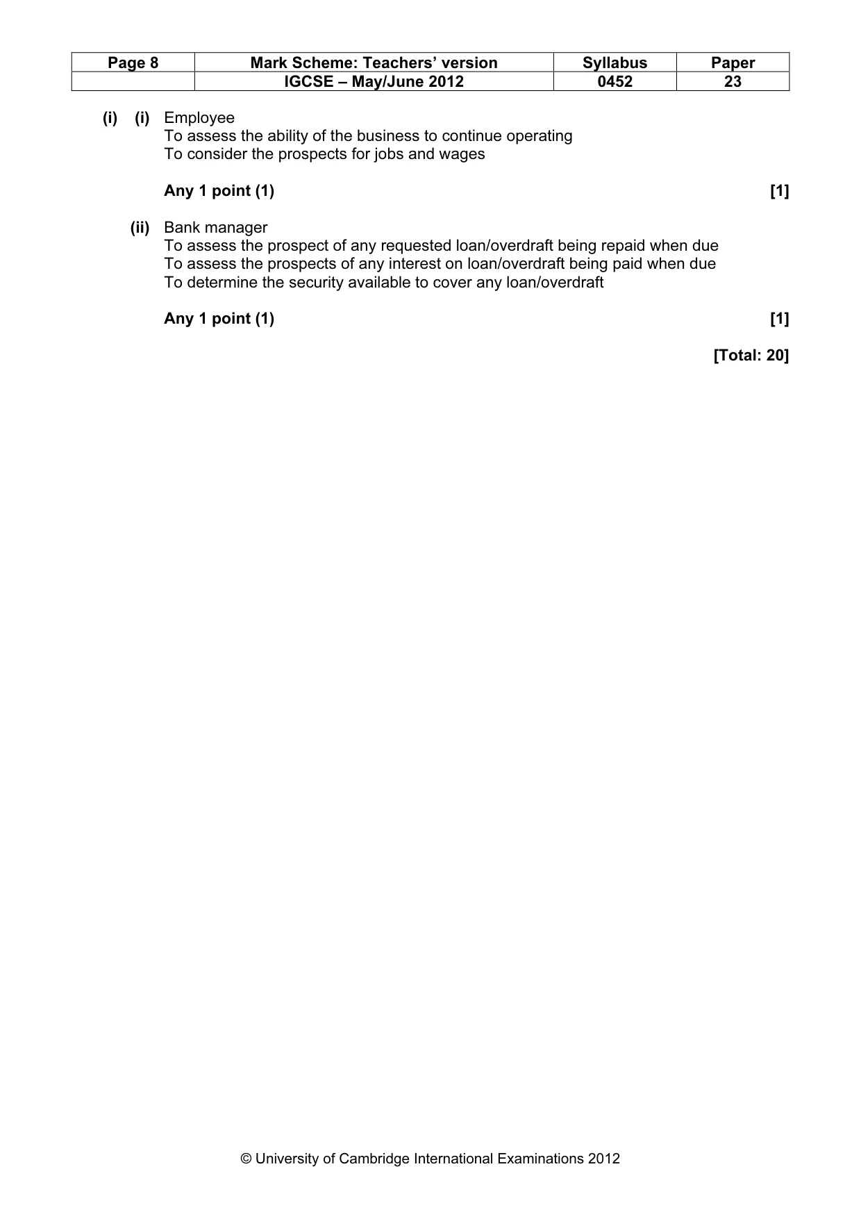 Mark scheme, page 8 of 8