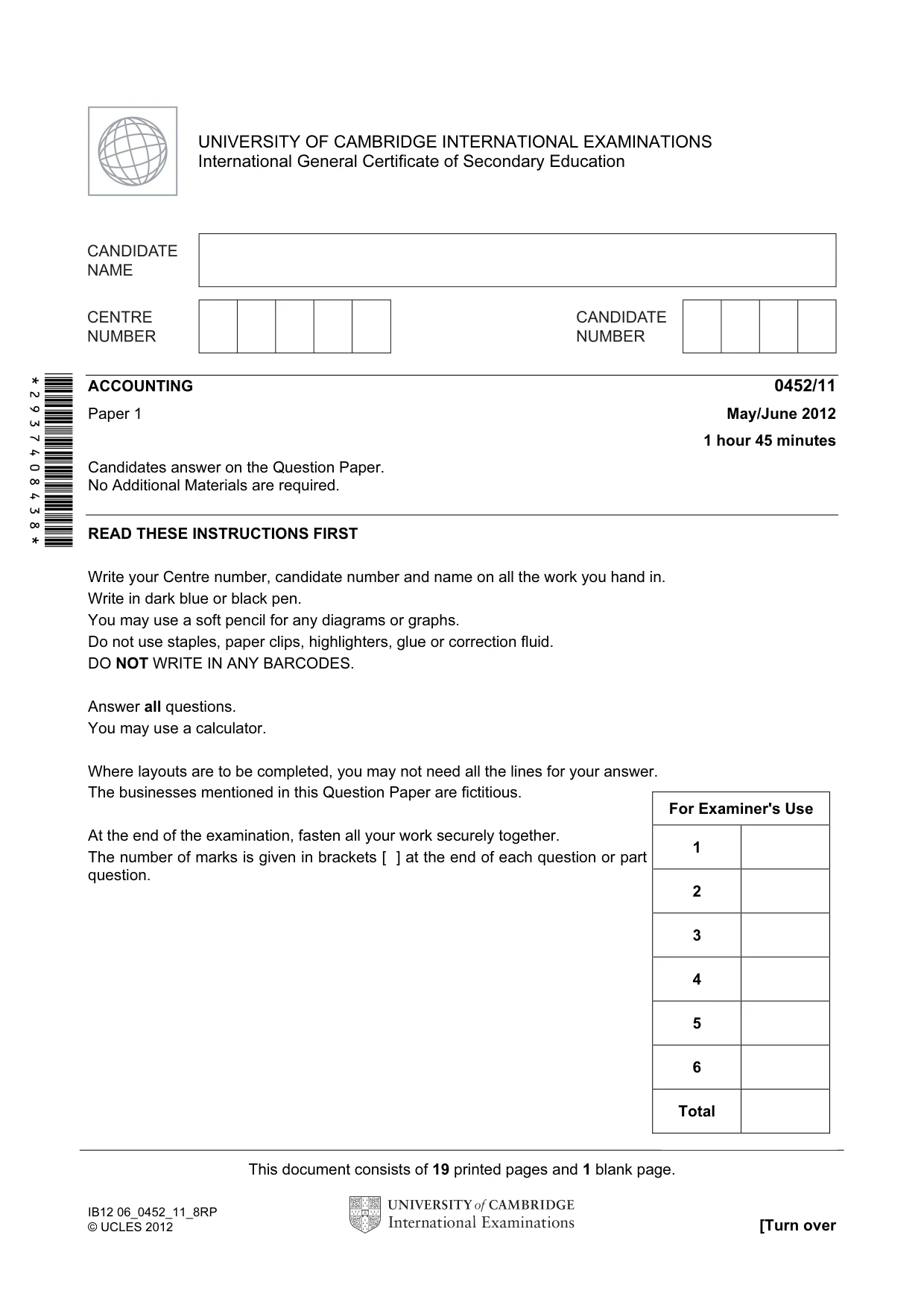 Cambridge IGCSE Accounting 0452 2012 May/June Paper 1 · Variant 1 question paper, page 1 of 20