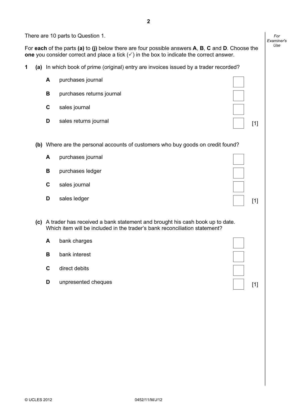 Cambridge IGCSE Accounting 0452 2012 May/June Paper 1 · Variant 1 question paper, page 2 of 20
