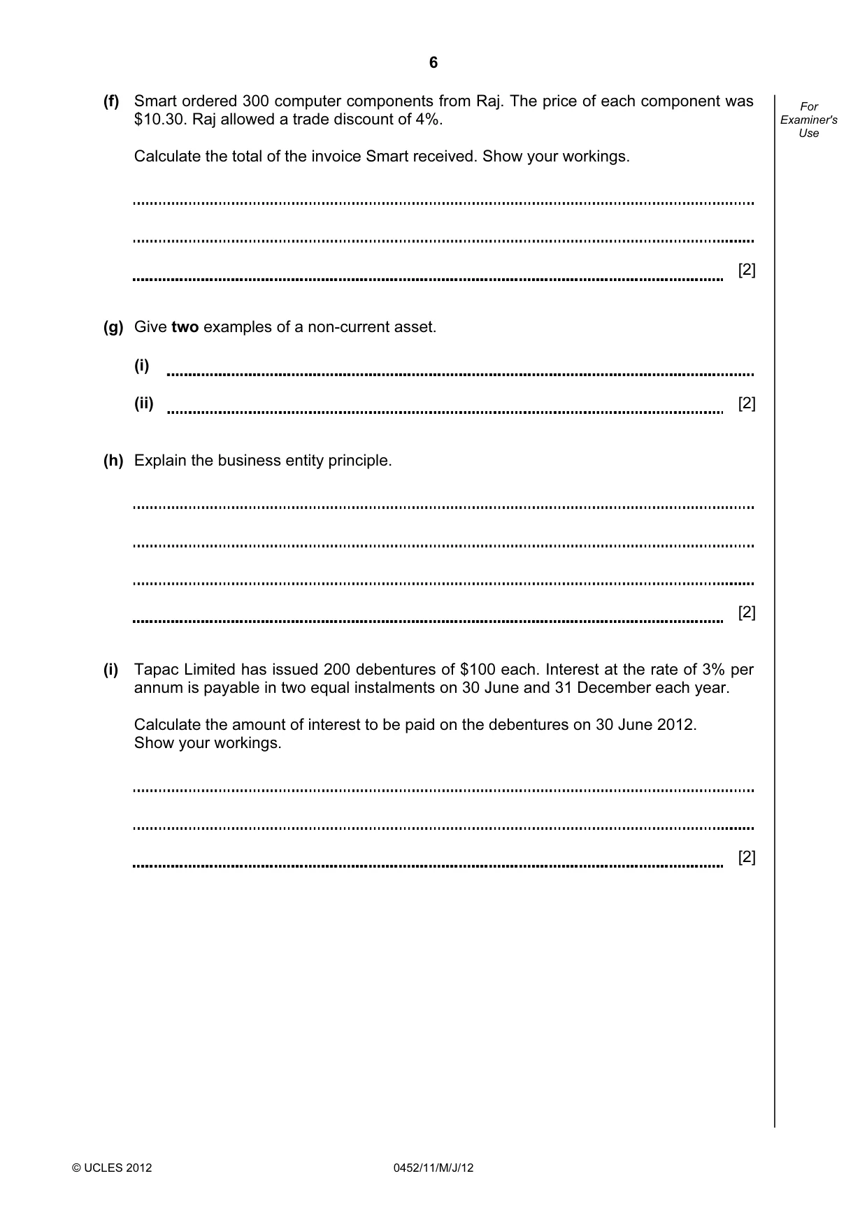 Cambridge IGCSE Accounting 0452 2012 May/June Paper 1 · Variant 1 question paper, page 6 of 20