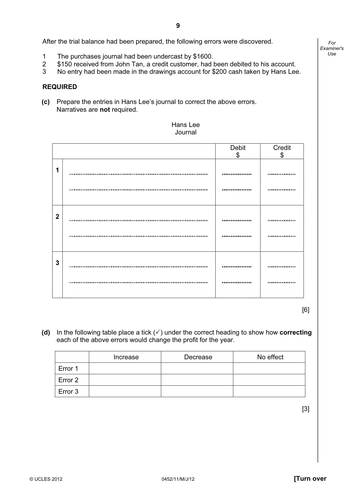 Cambridge IGCSE Accounting 0452 2012 May/June Paper 1 · Variant 1 question paper, page 9 of 20