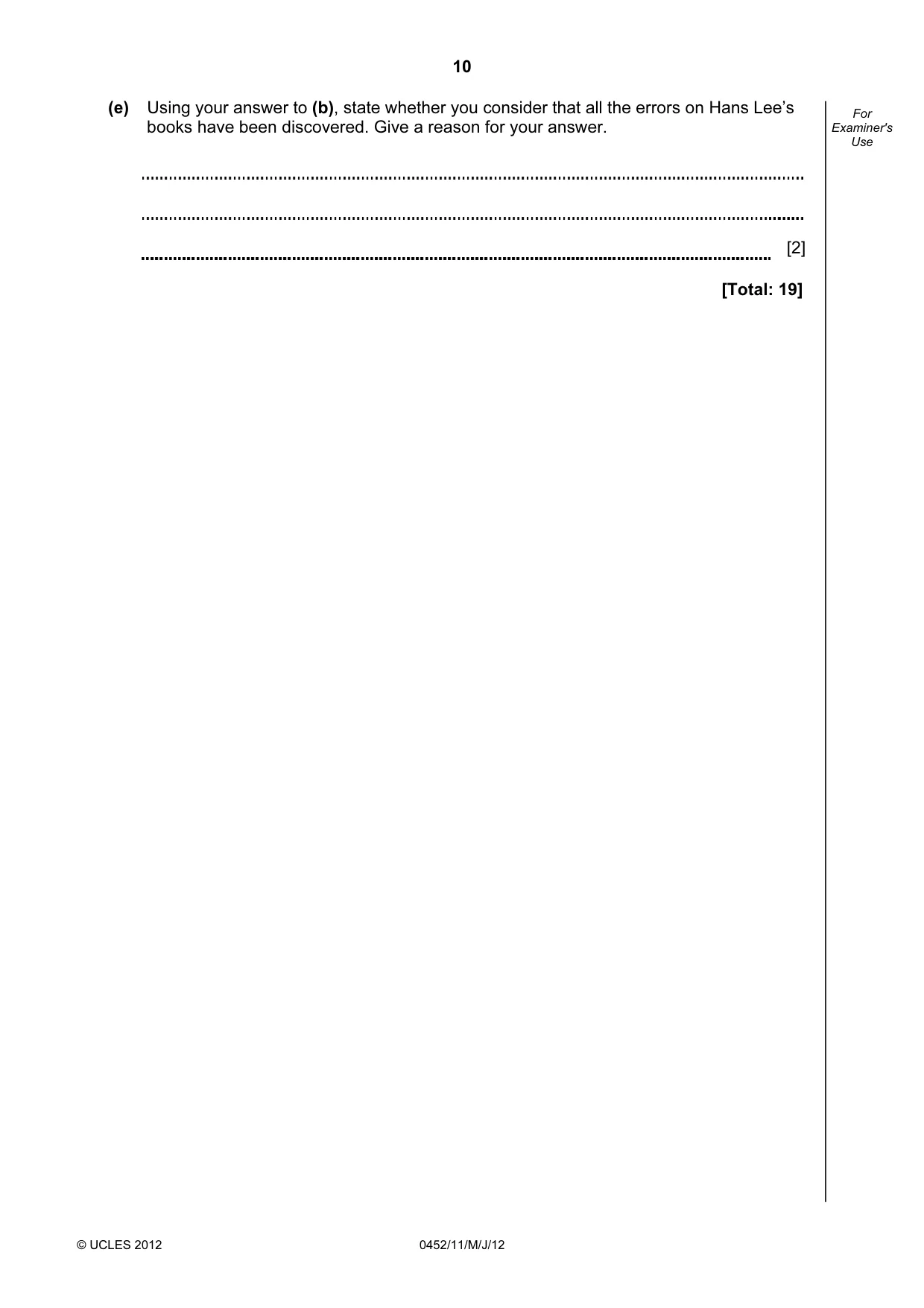 Cambridge IGCSE Accounting 0452 2012 May/June Paper 1 · Variant 1 question paper, page 10 of 20