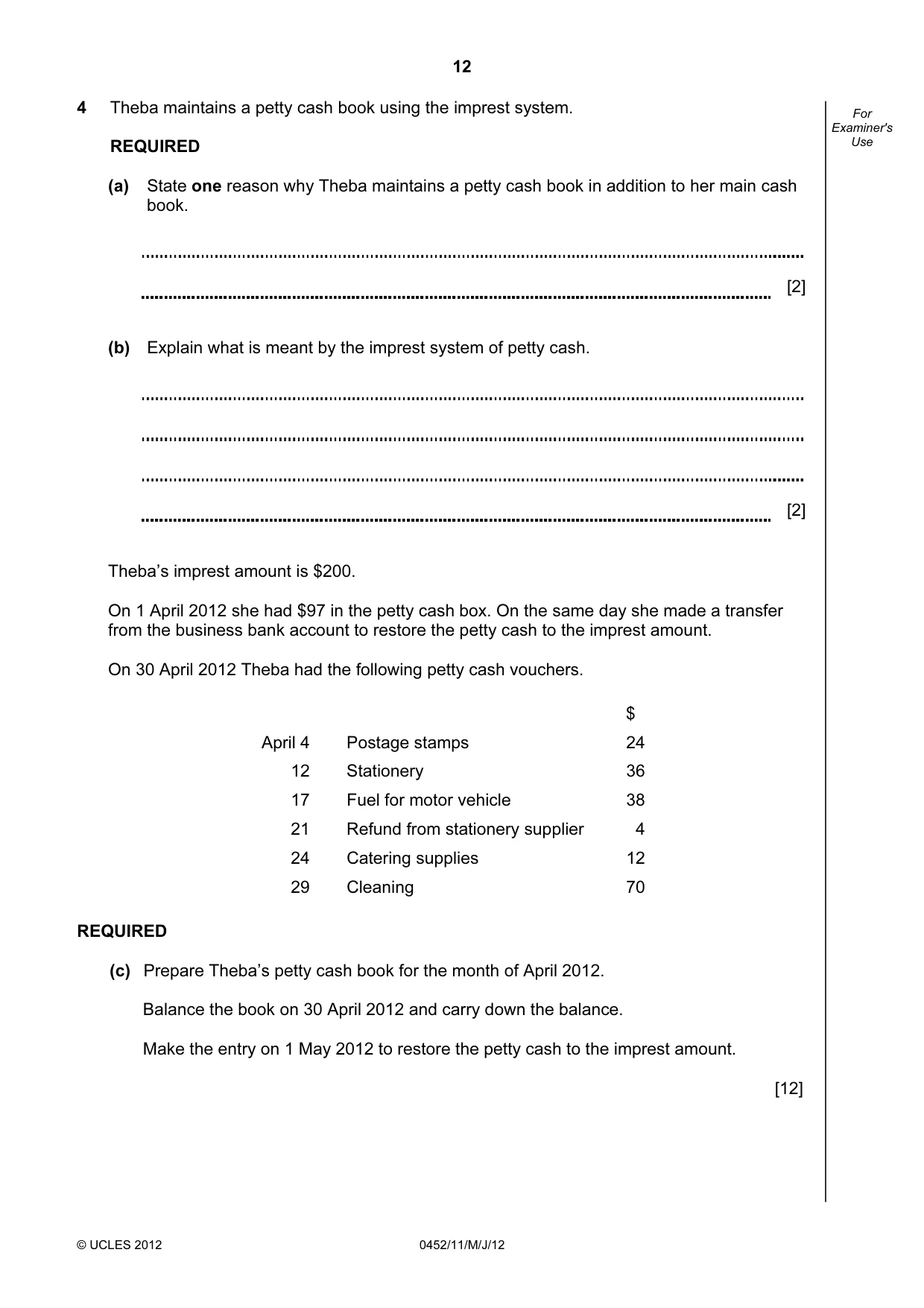 Cambridge IGCSE Accounting 0452 2012 May/June Paper 1 · Variant 1 question paper, page 12 of 20