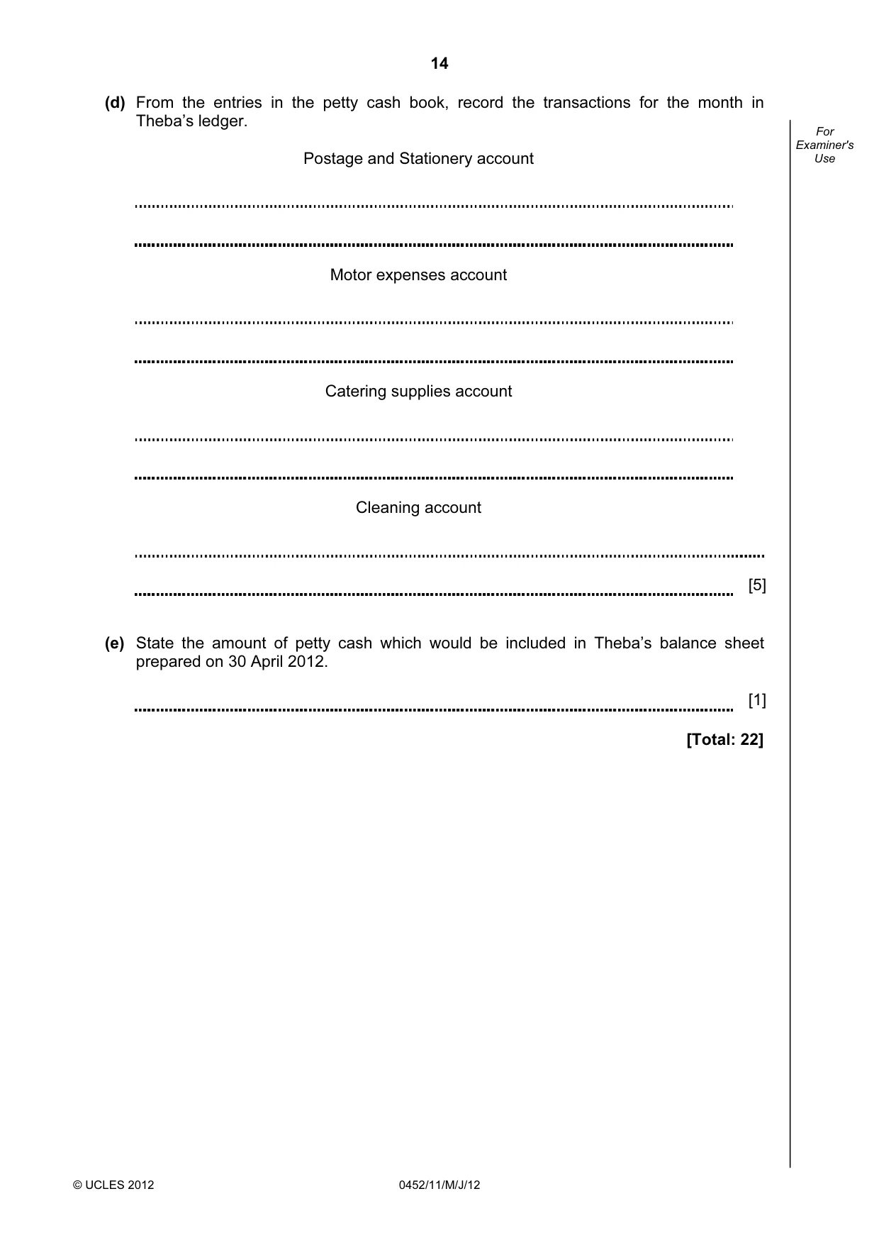 Cambridge IGCSE Accounting 0452 2012 May/June Paper 1 · Variant 1 question paper, page 14 of 20