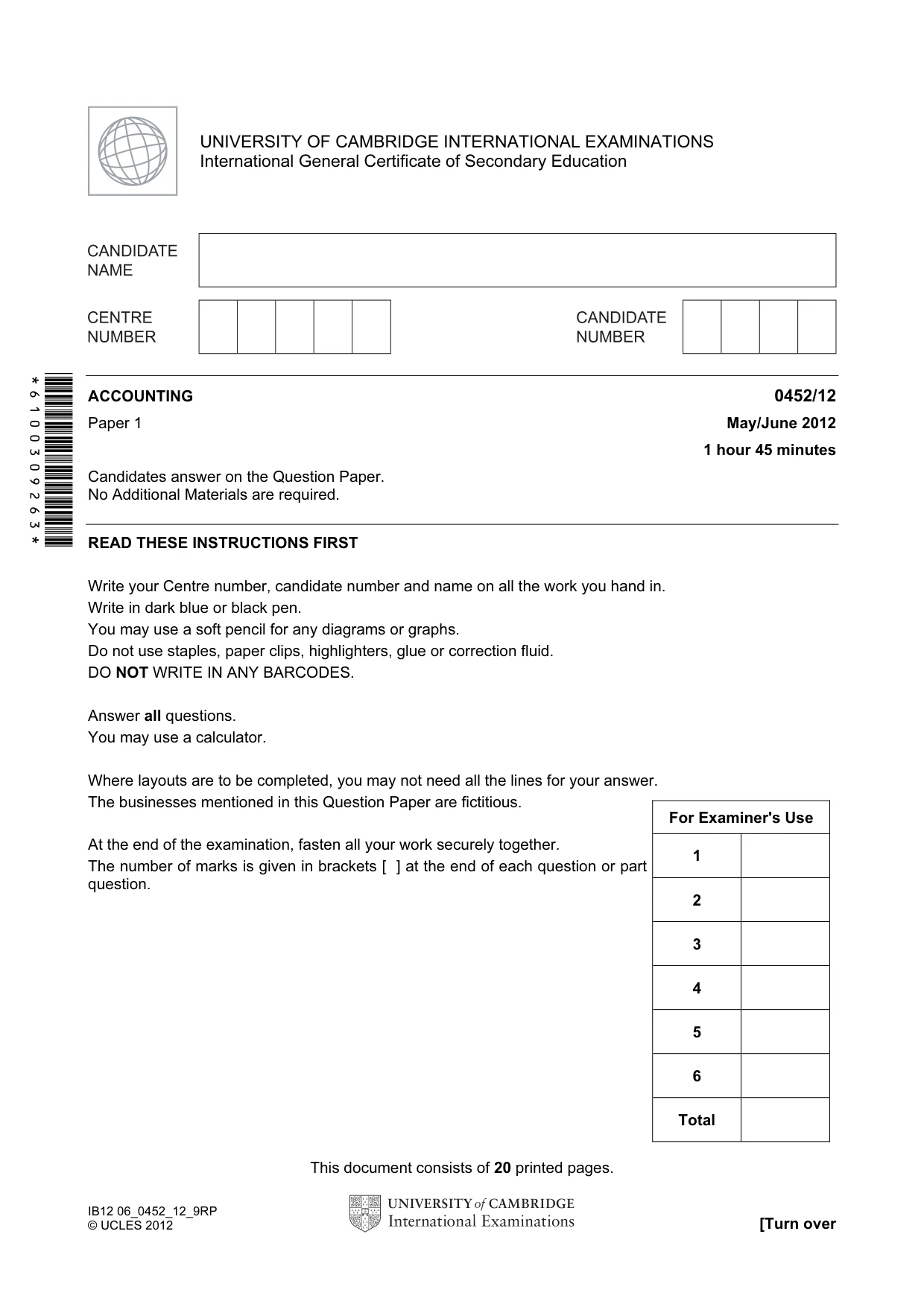 Cambridge IGCSE Accounting 0452 2012 May/June Paper 1 · Variant 2 question paper, page 1 of 20
