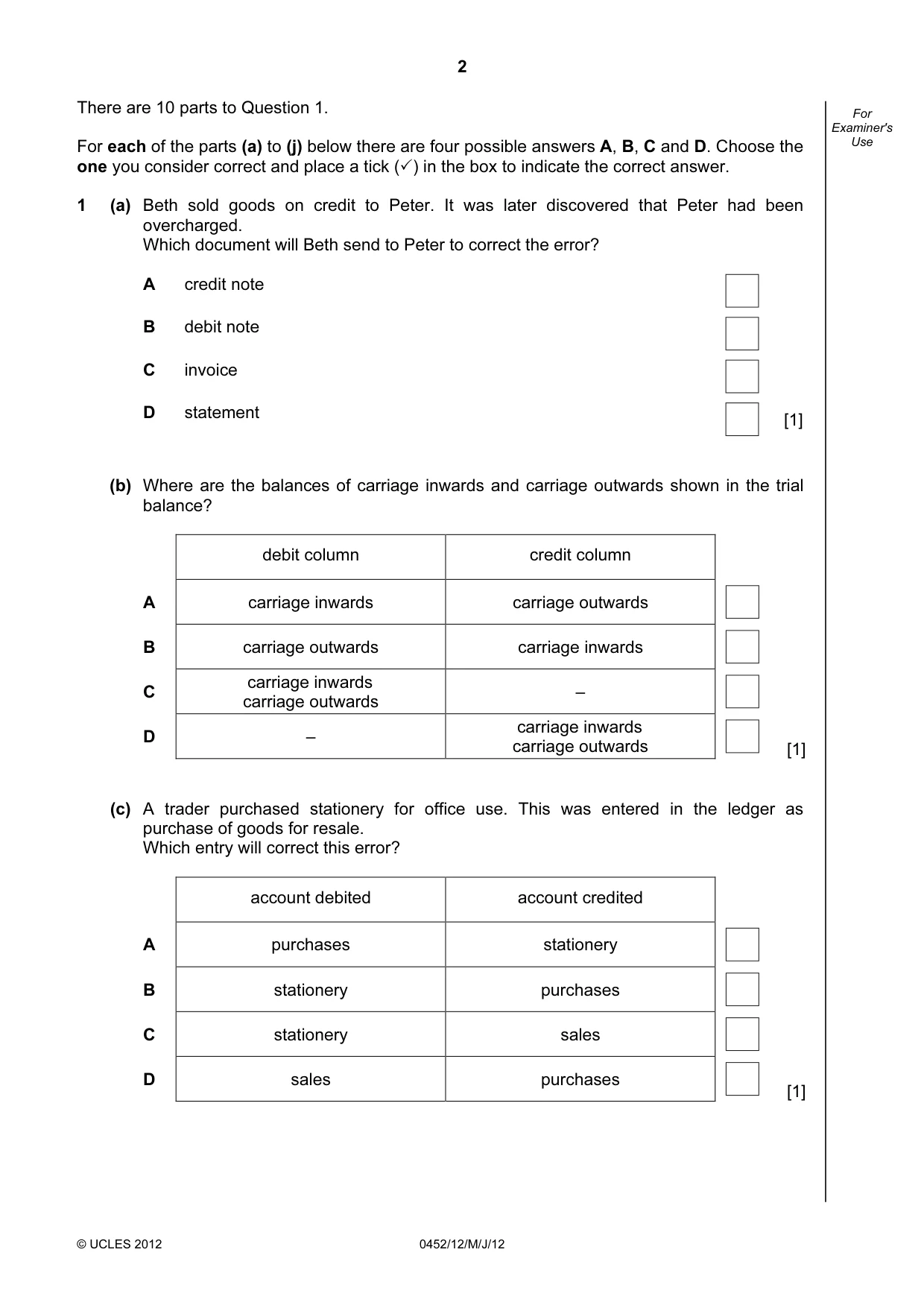 Cambridge IGCSE Accounting 0452 2012 May/June Paper 1 · Variant 2 question paper, page 2 of 20