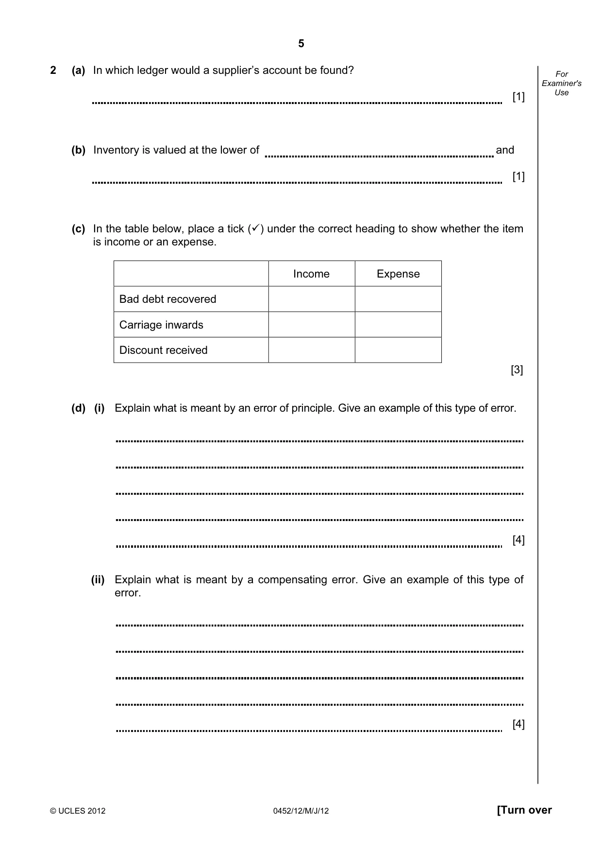 Cambridge IGCSE Accounting 0452 2012 May/June Paper 1 · Variant 2 question paper, page 5 of 20