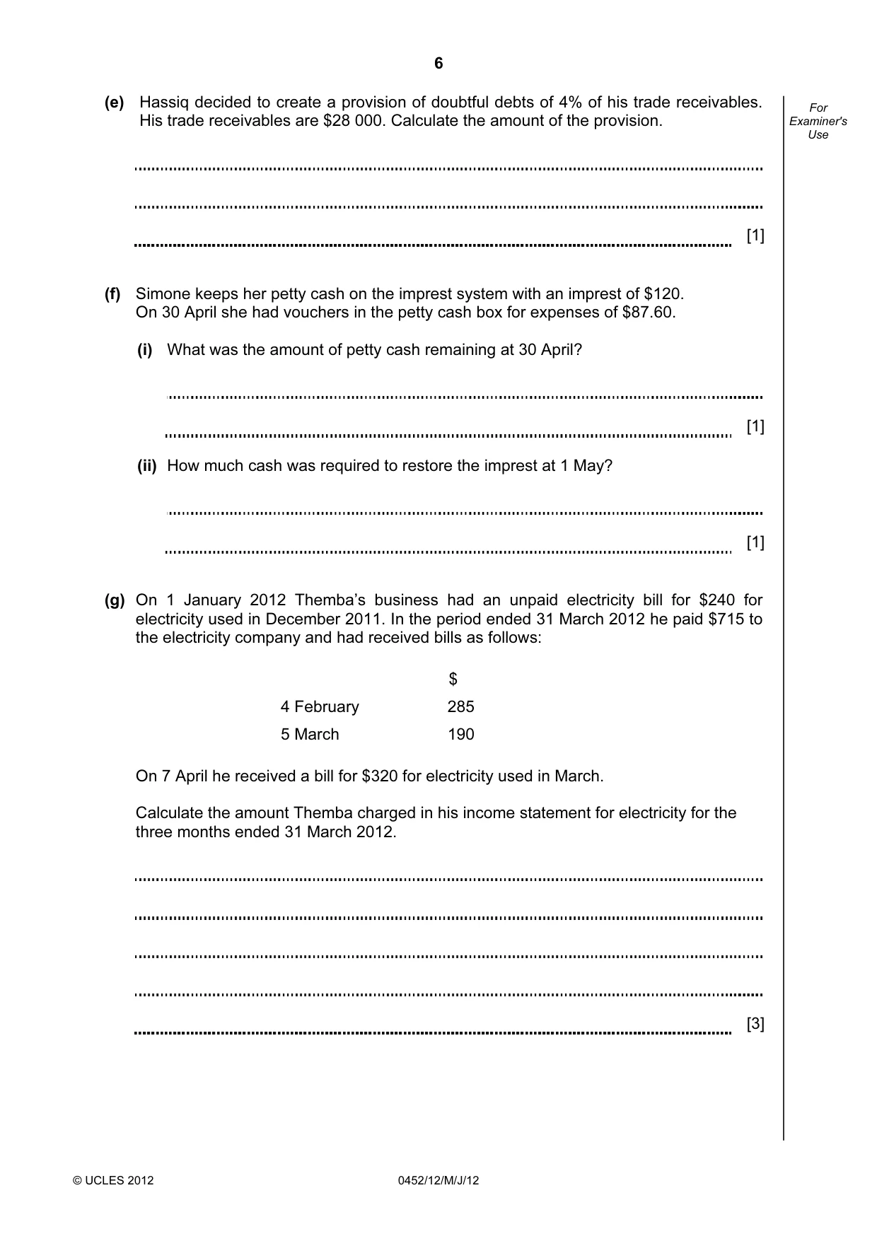 Cambridge IGCSE Accounting 0452 2012 May/June Paper 1 · Variant 2 question paper, page 6 of 20