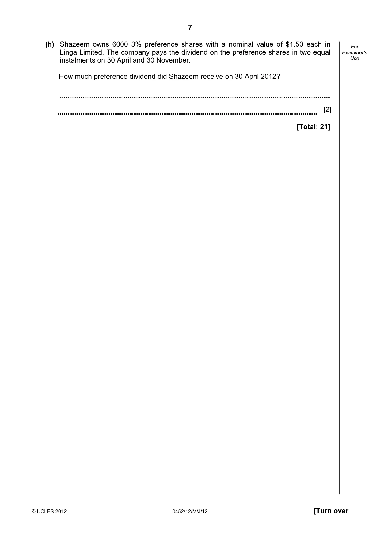 Cambridge IGCSE Accounting 0452 2012 May/June Paper 1 · Variant 2 question paper, page 7 of 20