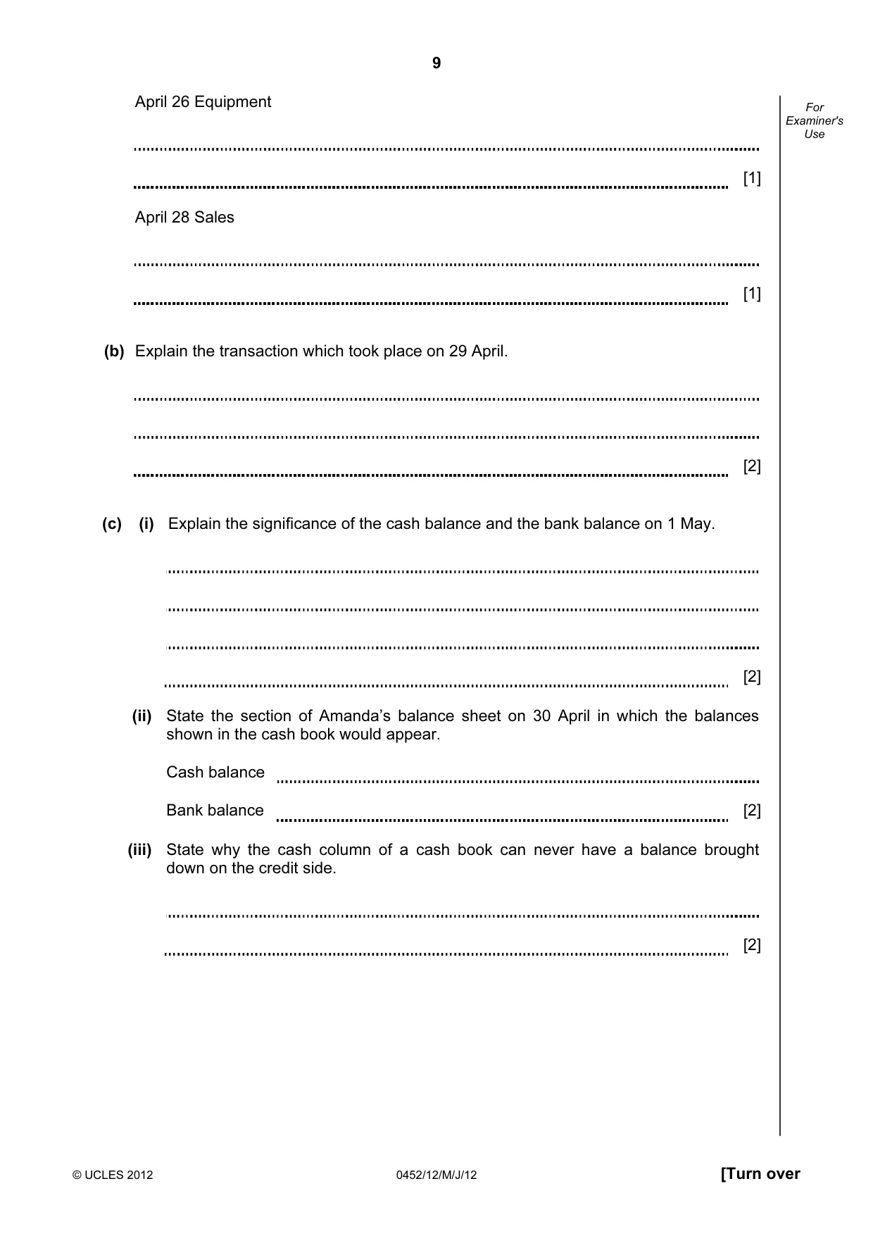 Cambridge IGCSE Accounting 0452 2012 May/June Paper 1 · Variant 2 question paper, page 9 of 20