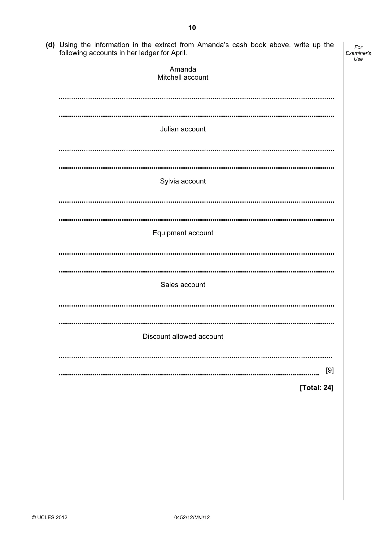 Cambridge IGCSE Accounting 0452 2012 May/June Paper 1 · Variant 2 question paper, page 10 of 20