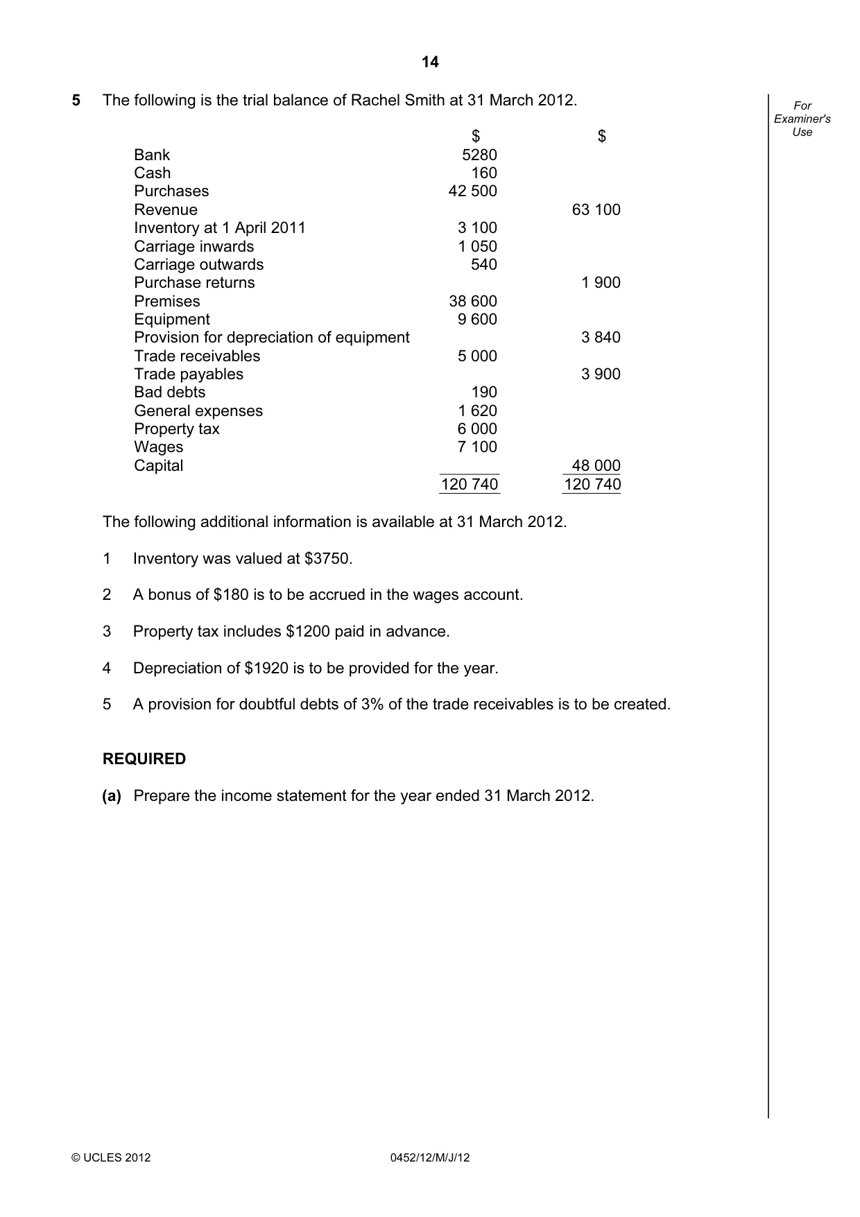 Cambridge IGCSE Accounting 0452 2012 May/June Paper 1 · Variant 2 question paper, page 14 of 20