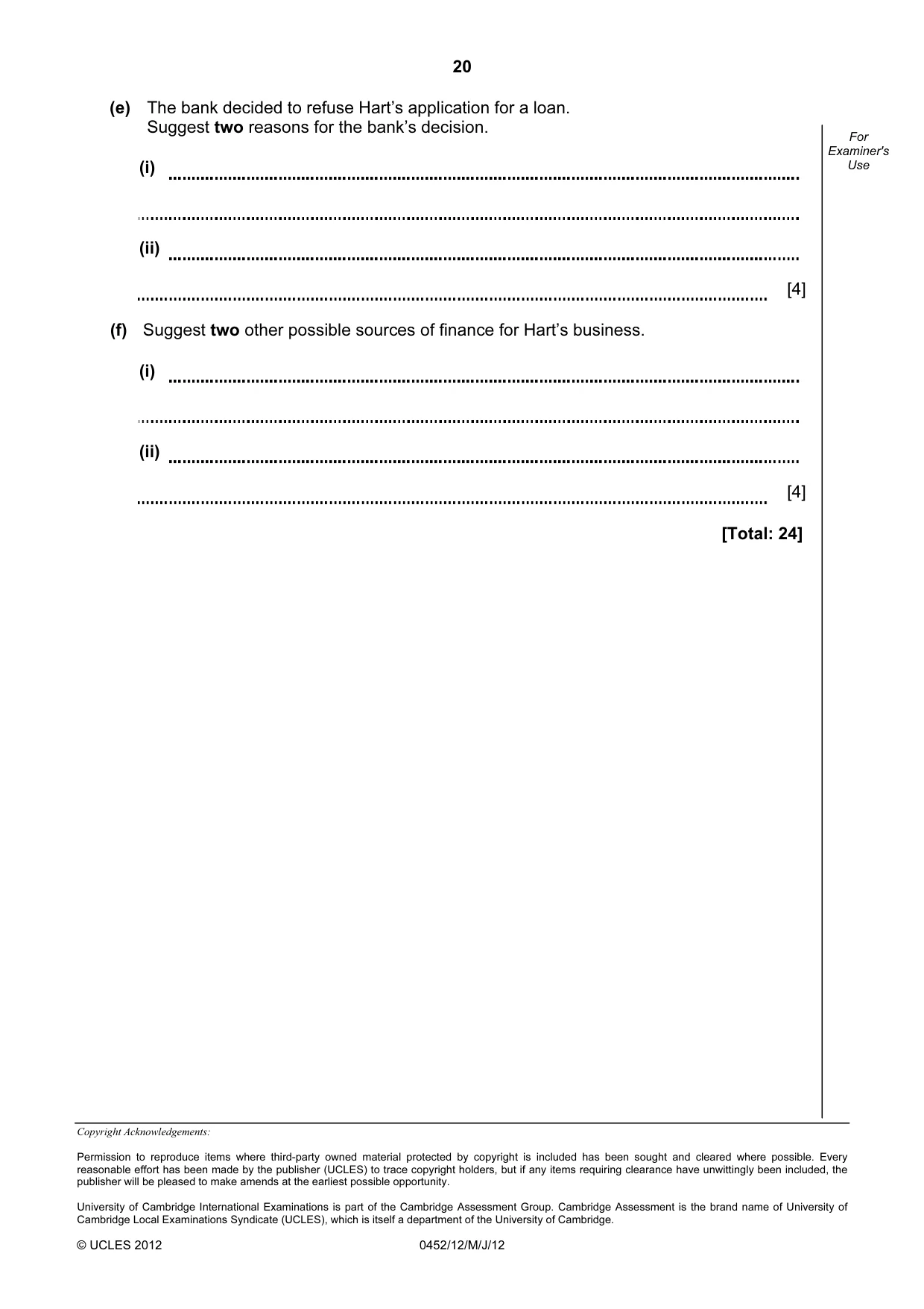 Cambridge IGCSE Accounting 0452 2012 May/June Paper 1 · Variant 2 question paper, page 20 of 20