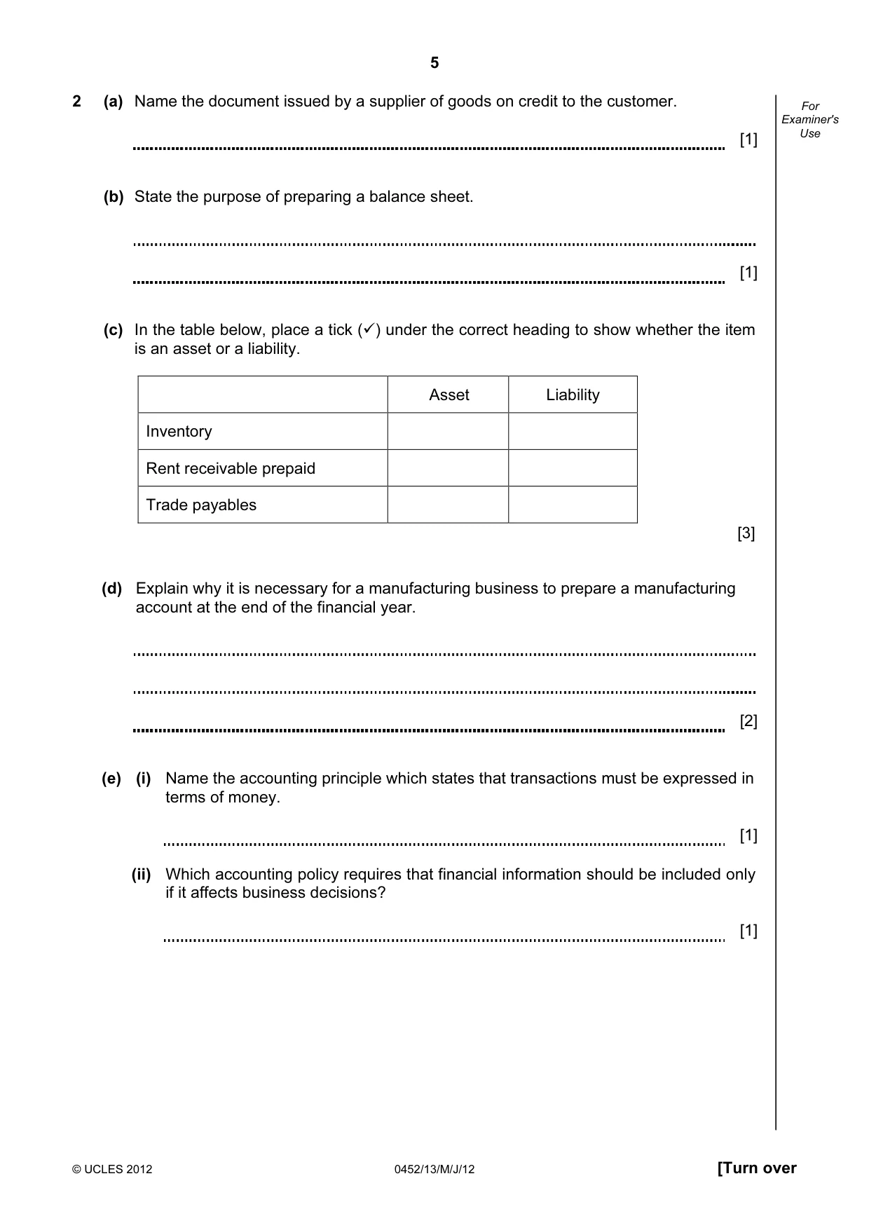 Cambridge IGCSE Accounting 0452 2012 May/June Paper 1 · Variant 3 question paper, page 5 of 20
