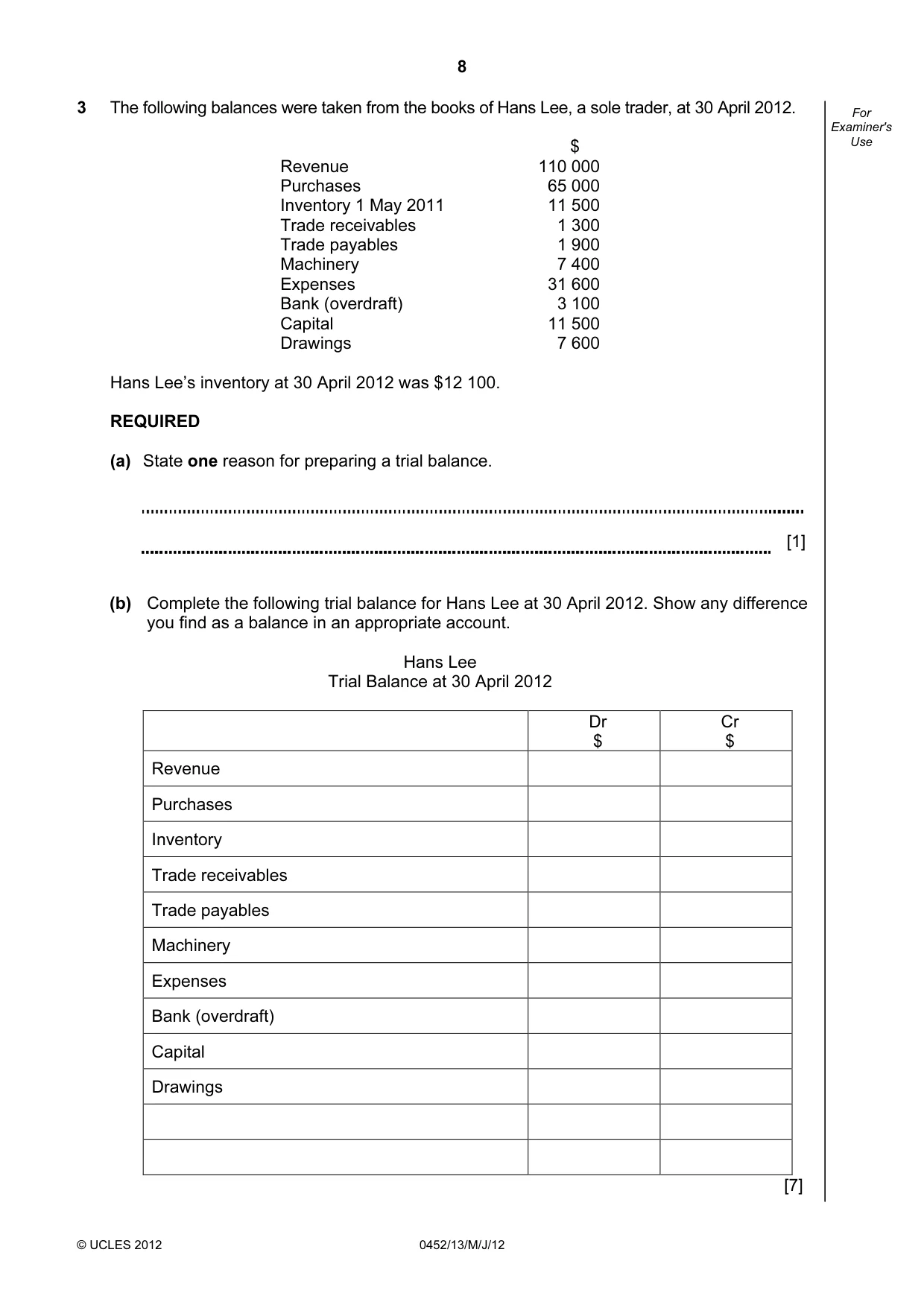 Cambridge IGCSE Accounting 0452 2012 May/June Paper 1 · Variant 3 question paper, page 8 of 20