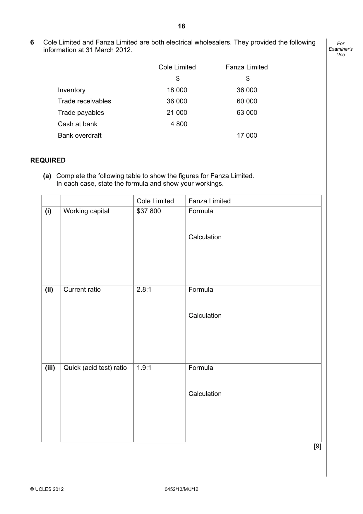 Cambridge IGCSE Accounting 0452 2012 May/June Paper 1 · Variant 3 question paper, page 18 of 20