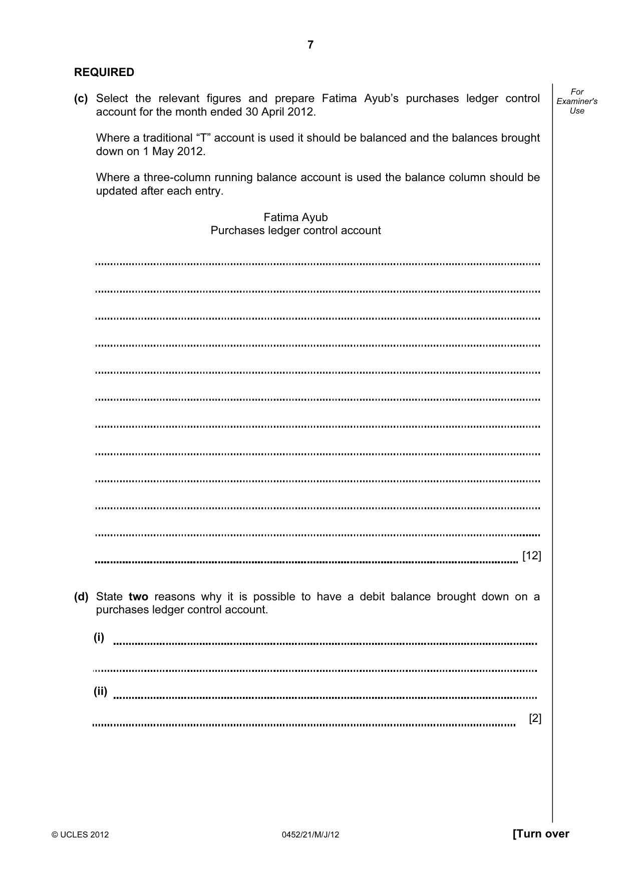 Cambridge IGCSE Accounting 0452 2012 May/June Paper 2 · Variant 1 question paper, page 7 of 20
