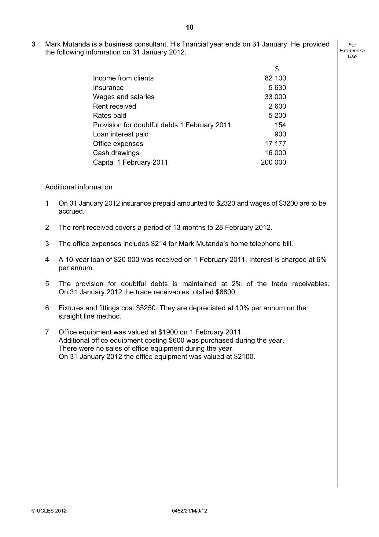 Cambridge IGCSE Accounting 0452 2012 May/June Paper 2 · Variant 1 question paper, page 10 of 20