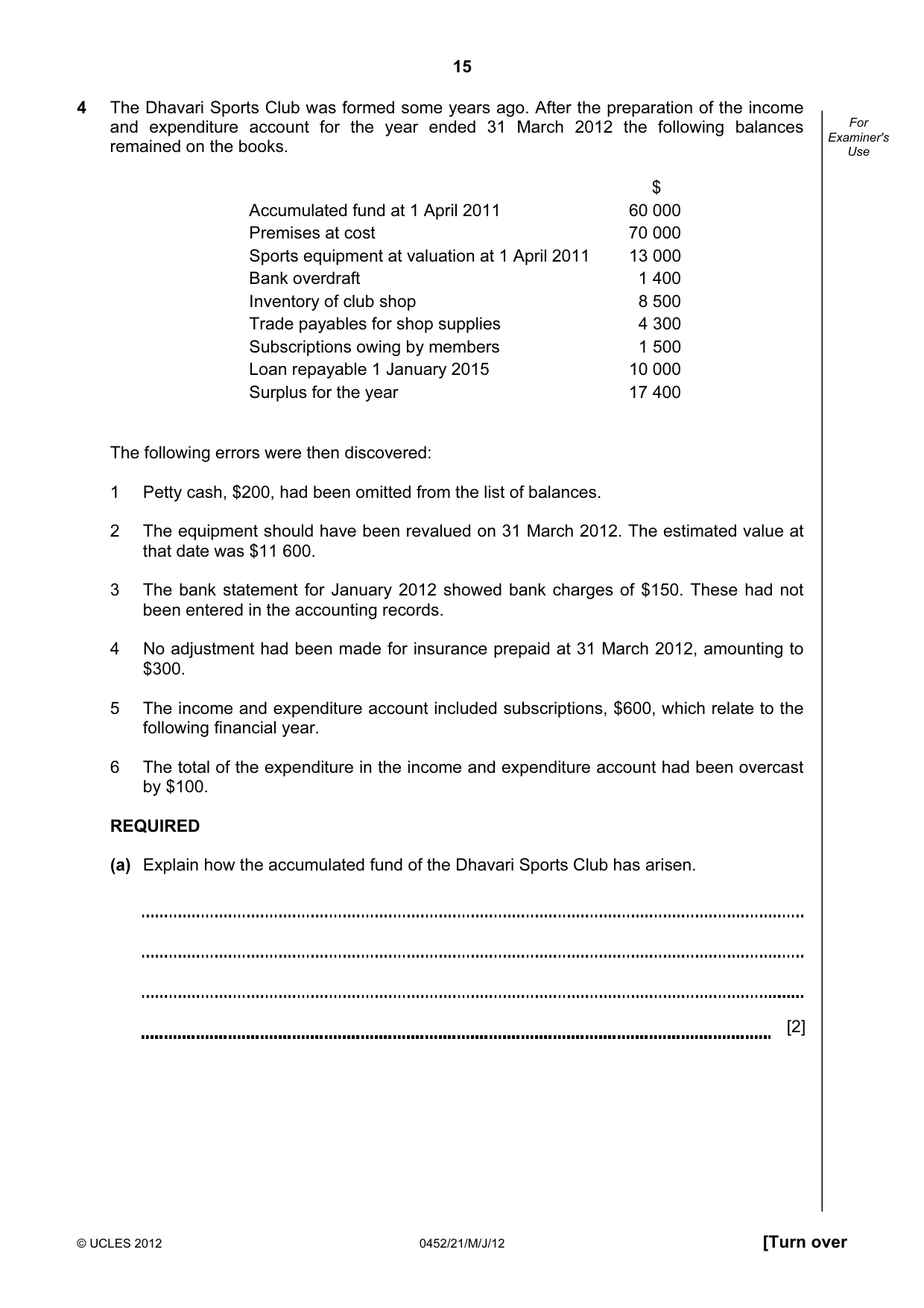 Cambridge IGCSE Accounting 0452 2012 May/June Paper 2 · Variant 1 question paper, page 15 of 20
