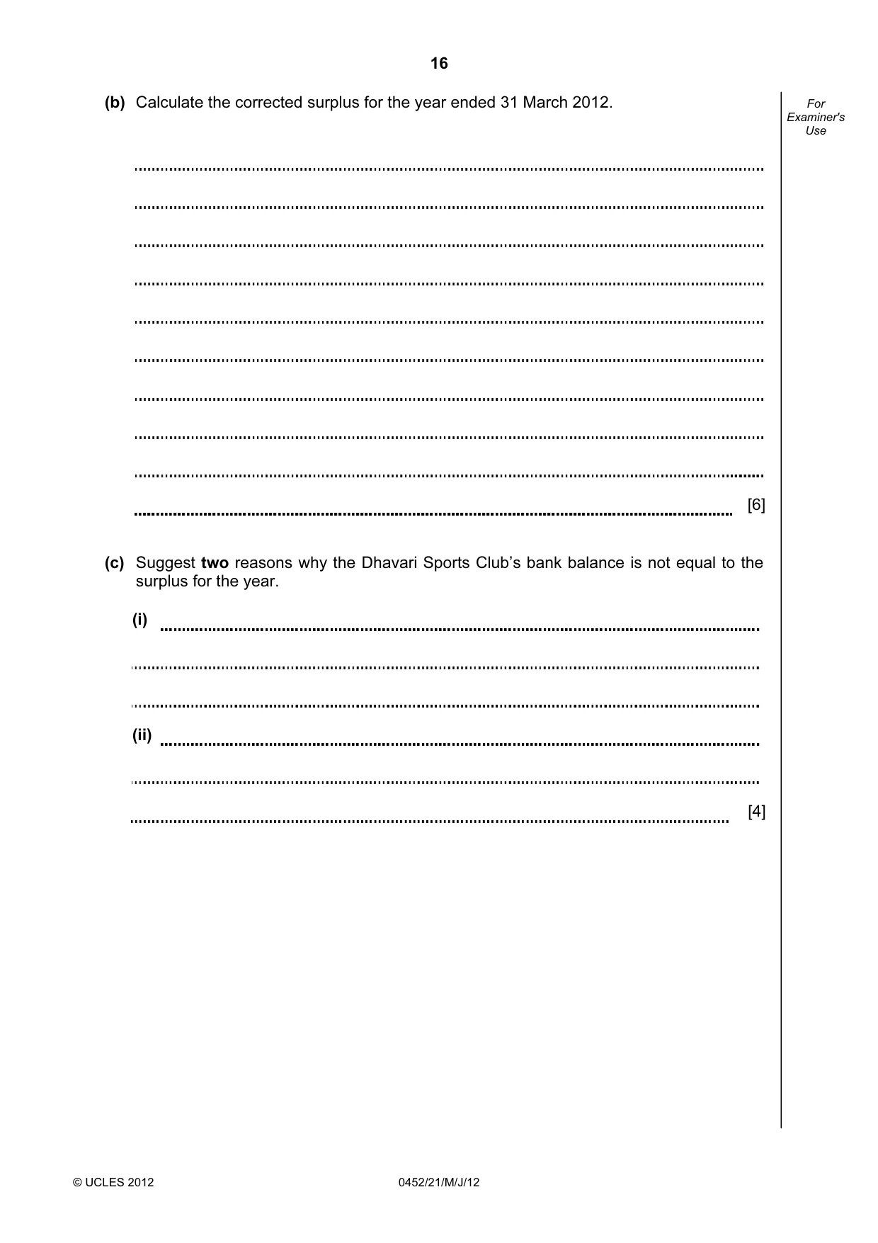 Cambridge IGCSE Accounting 0452 2012 May/June Paper 2 · Variant 1 question paper, page 16 of 20