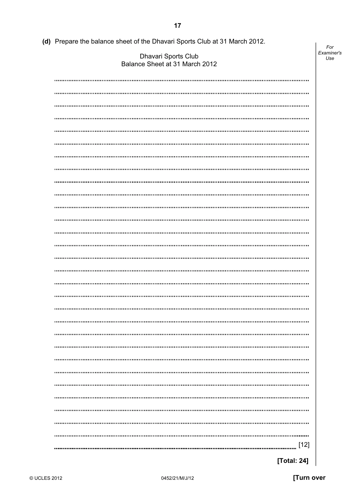Cambridge IGCSE Accounting 0452 2012 May/June Paper 2 · Variant 1 question paper, page 17 of 20