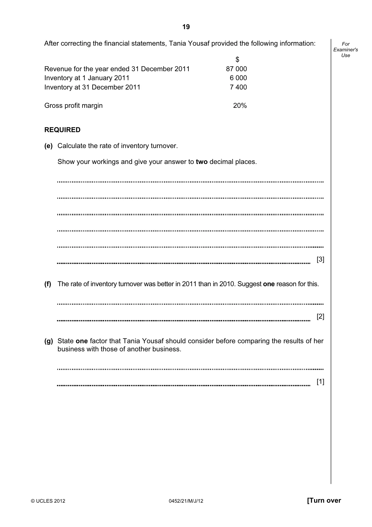 Cambridge IGCSE Accounting 0452 2012 May/June Paper 2 · Variant 1 question paper, page 19 of 20