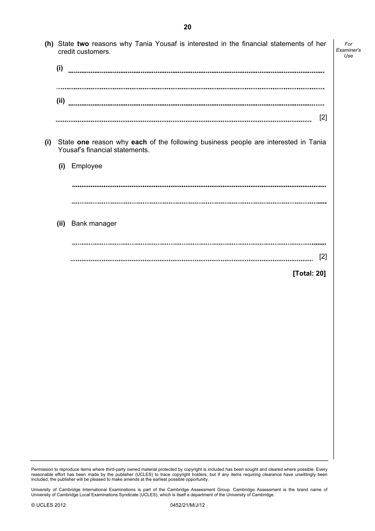Cambridge IGCSE Accounting 0452 2012 May/June Paper 2 · Variant 1 question paper, page 20 of 20