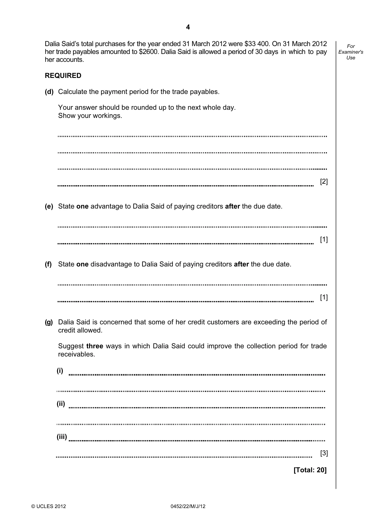 Cambridge IGCSE Accounting 0452 2012 May/June Paper 2 · Variant 2 question paper, page 4 of 20