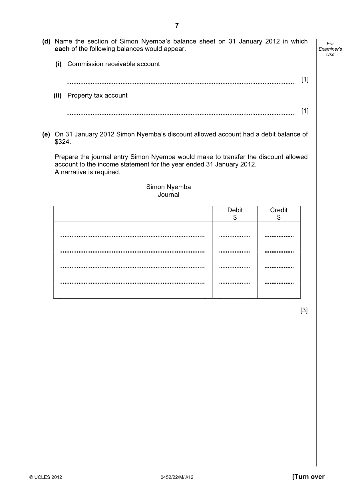 Cambridge IGCSE Accounting 0452 2012 May/June Paper 2 · Variant 2 question paper, page 7 of 20