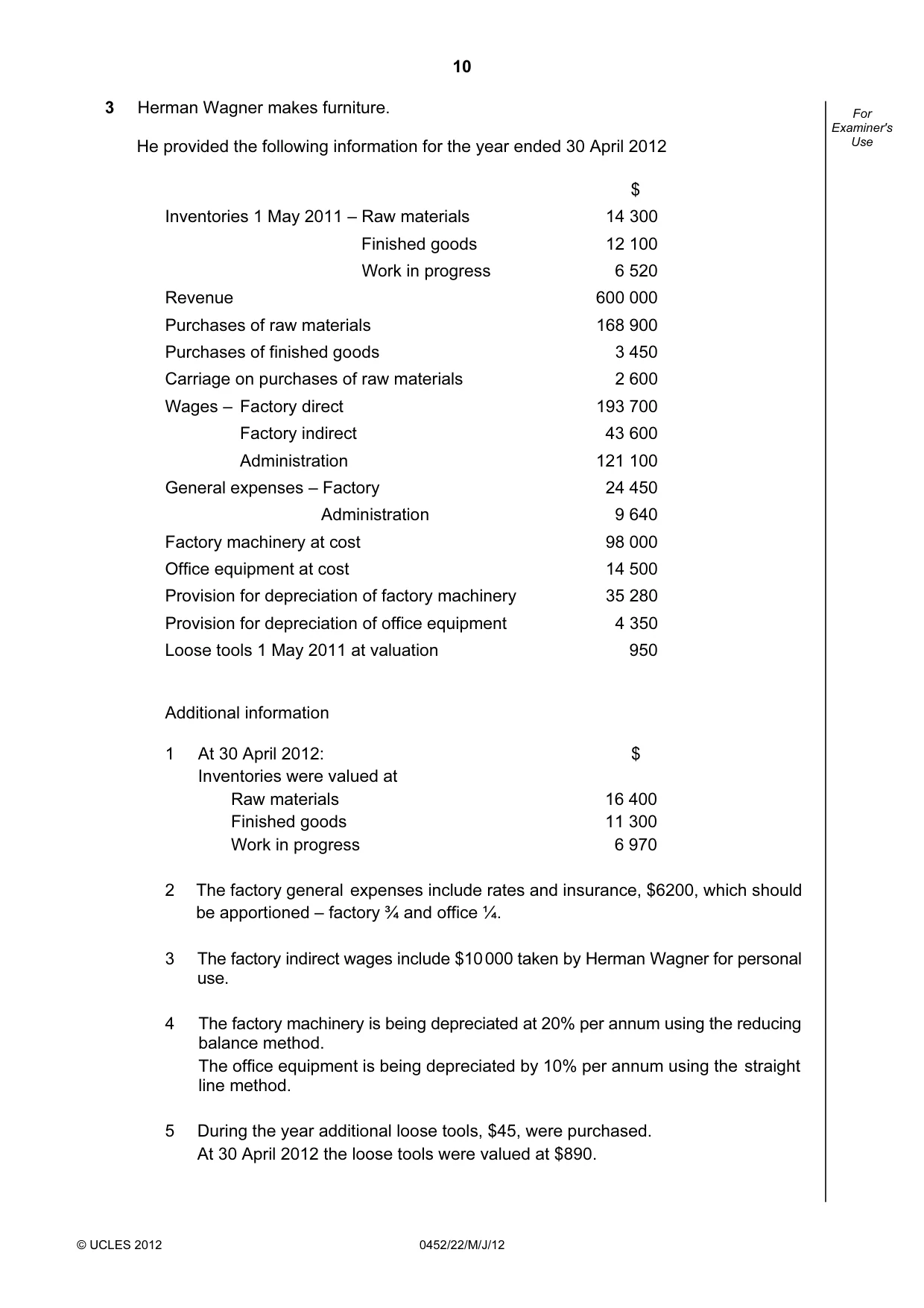 Cambridge IGCSE Accounting 0452 2012 May/June Paper 2 · Variant 2 question paper, page 10 of 20